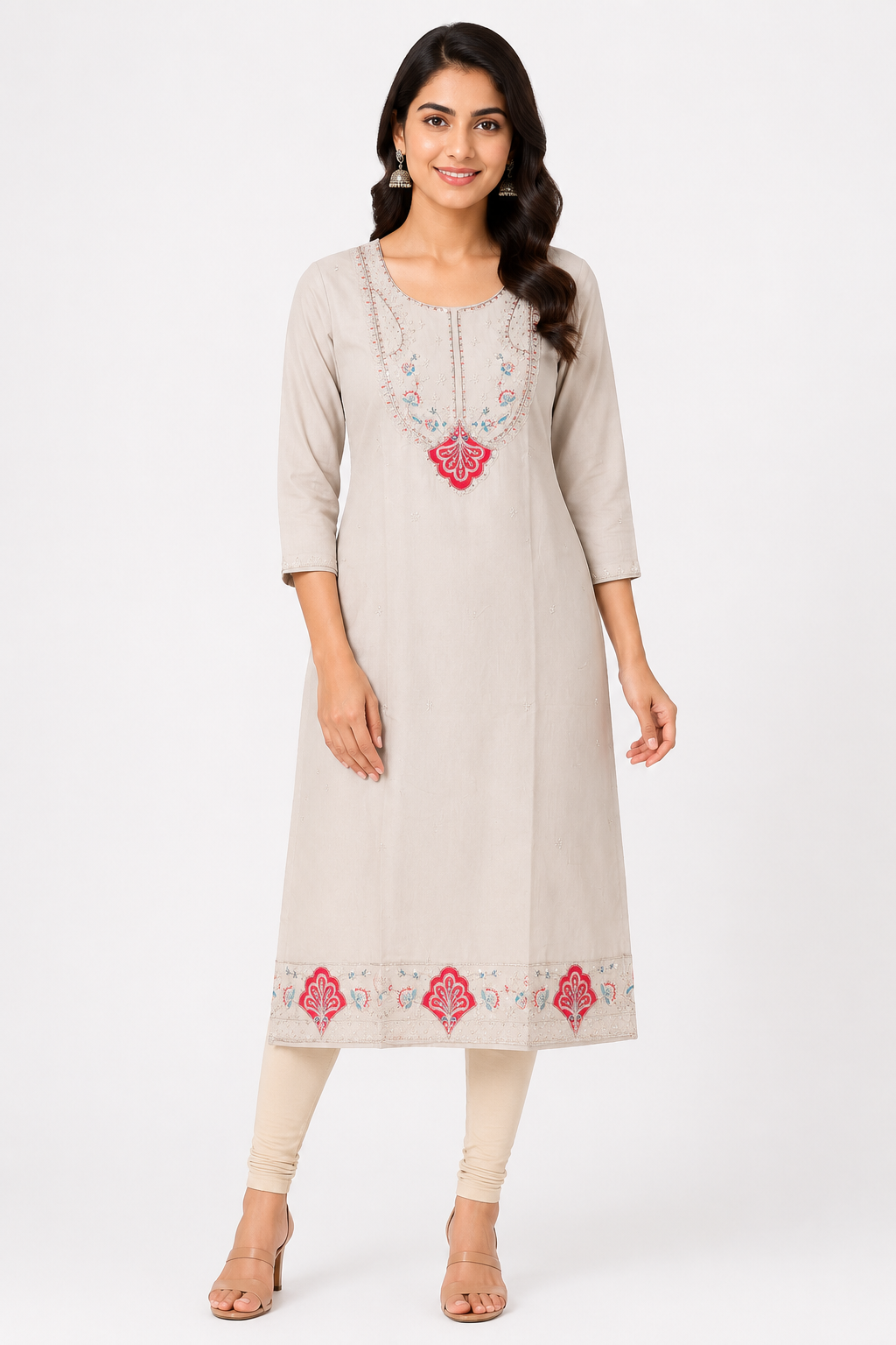 Women's Grey Party Wear Kurti with Floral Threadwork and Silver Sequins