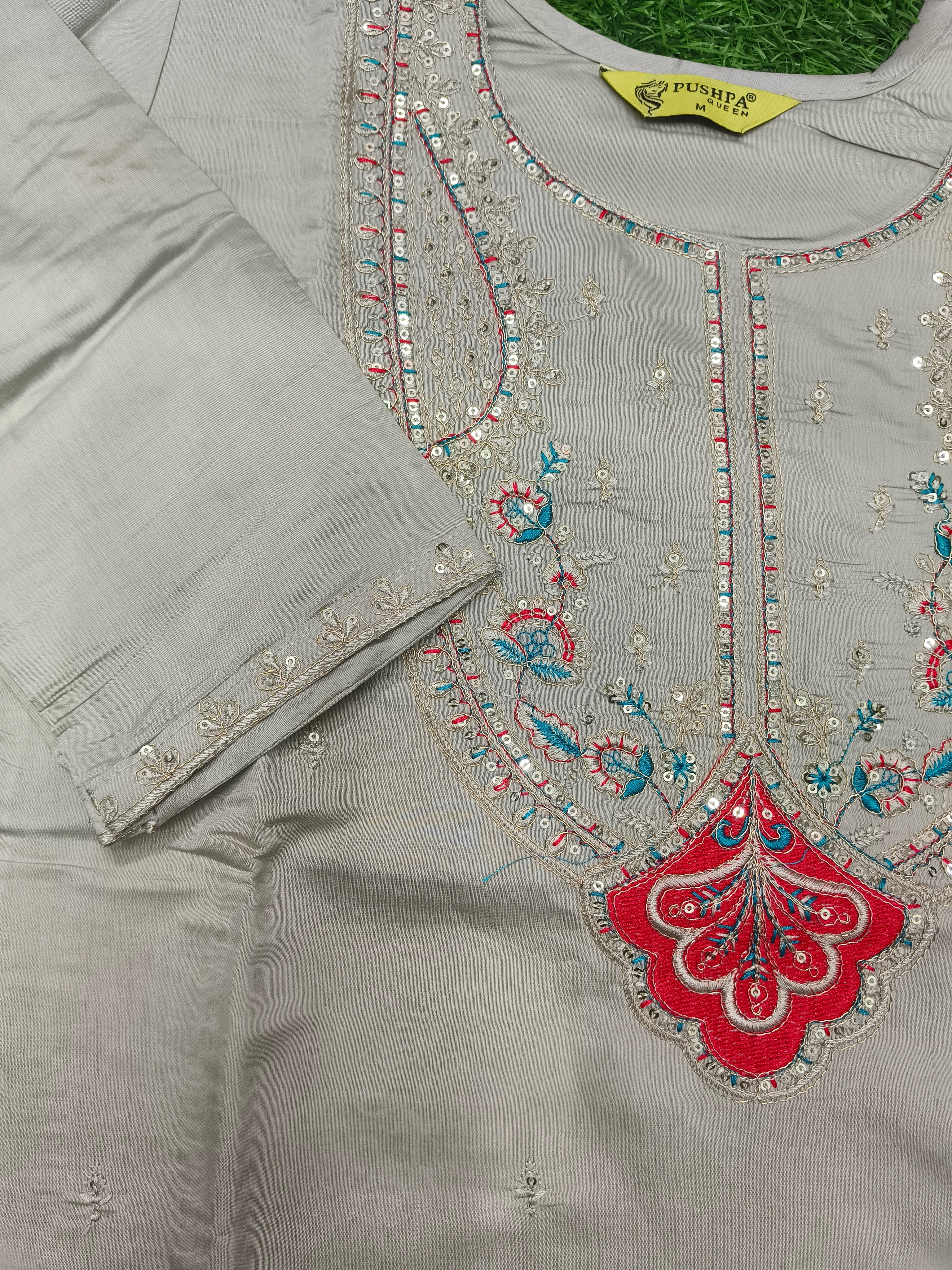 Women's Grey Party Wear Kurti with Floral Threadwork and Silver Sequins