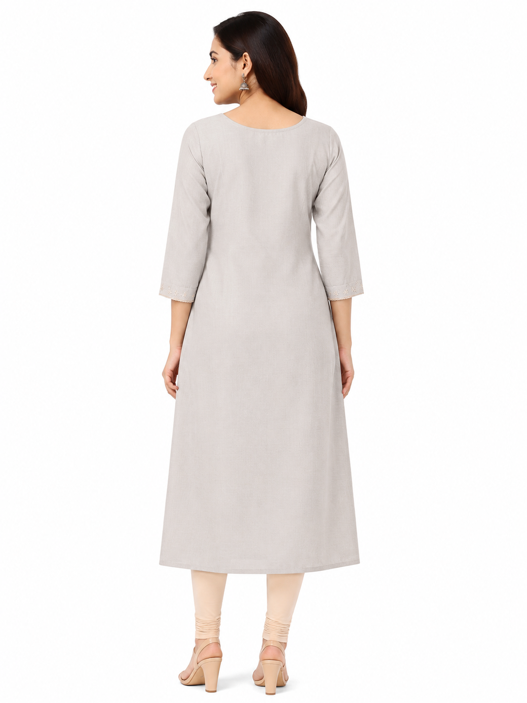 Women's Grey Party Wear Kurti with Floral Threadwork and Silver Sequins