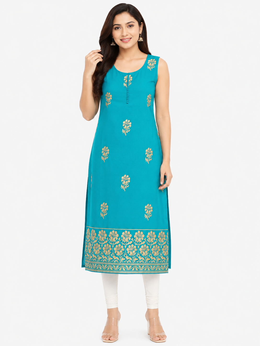Women's Premium Dark Blue-Green Embroidered Kurti Top with Front Button Placket