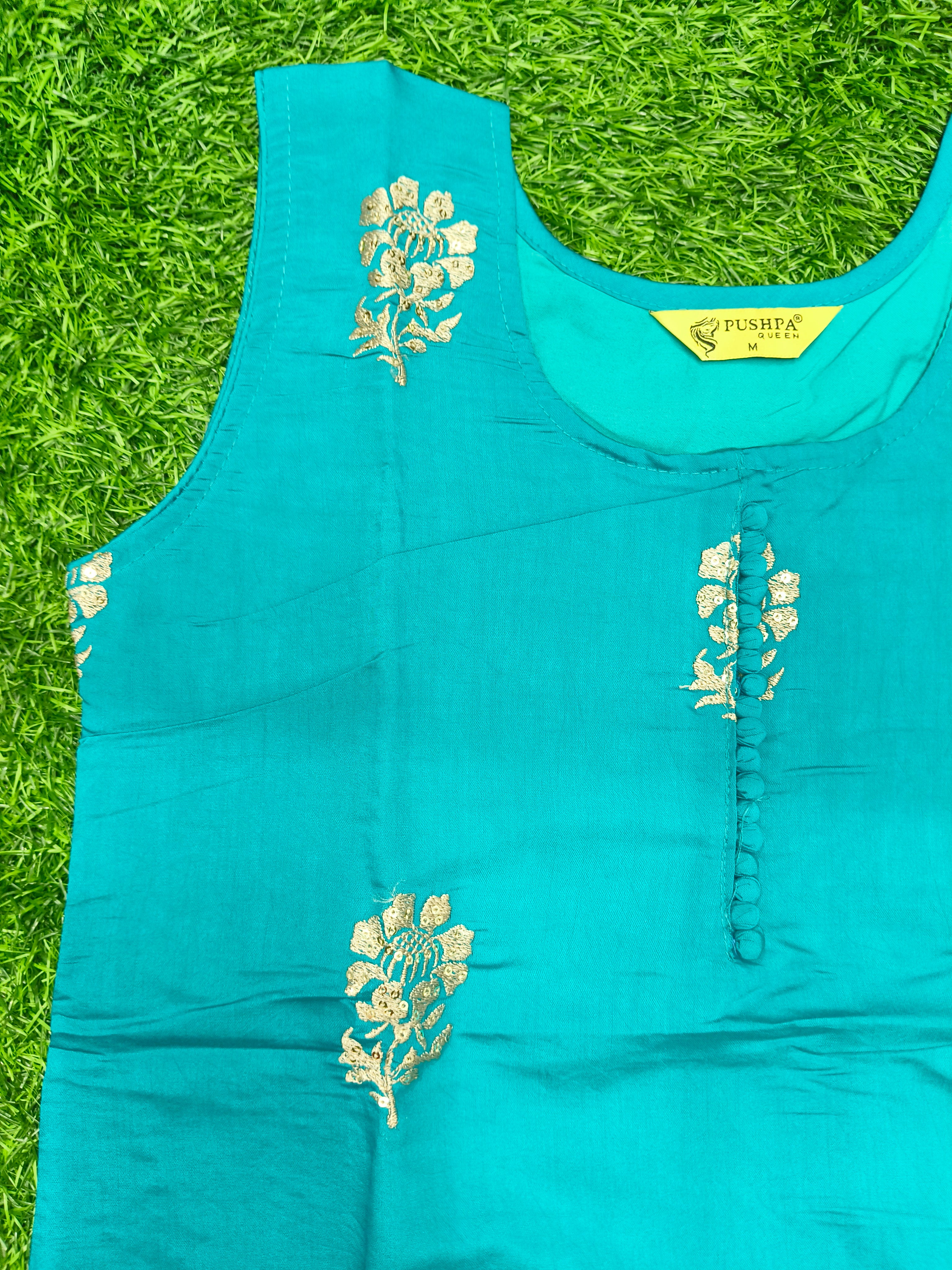 Women's Premium Dark Blue-Green Embroidered Kurti Top with Front Button Placket