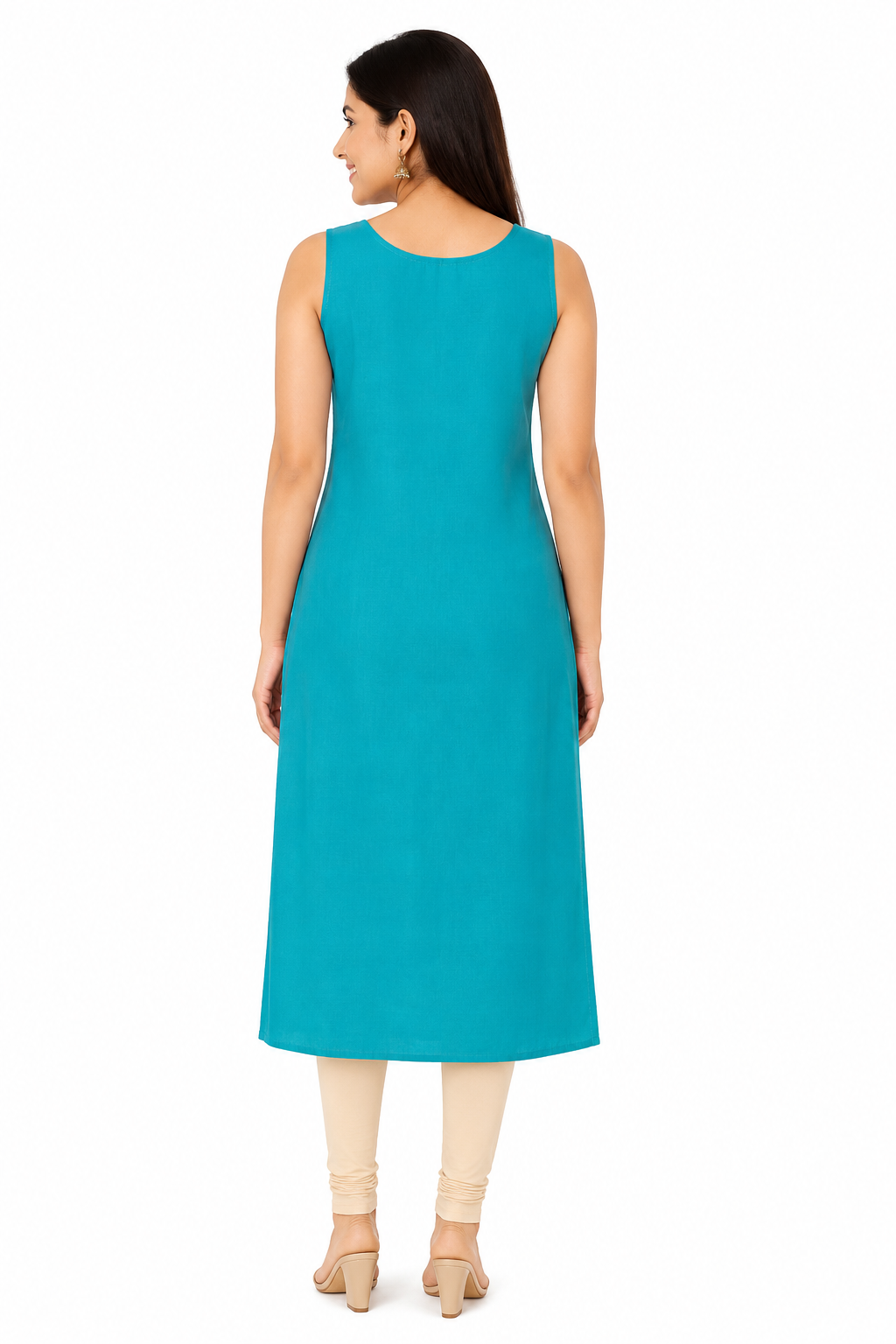 Women's Premium Dark Blue-Green Embroidered Kurti Top with Front Button Placket