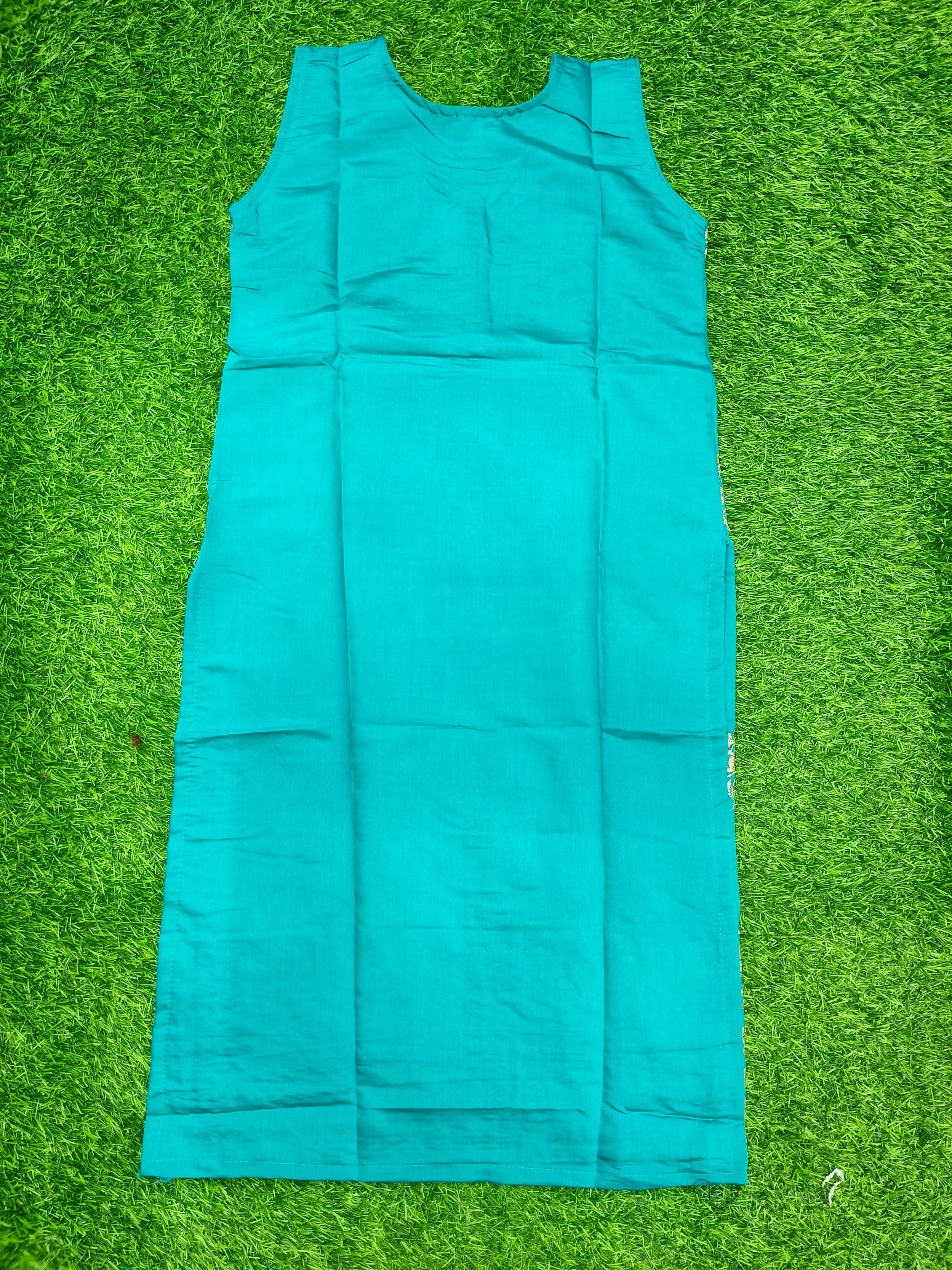 Women's Premium Dark Blue-Green Embroidered Kurti Top with Front Button Placket