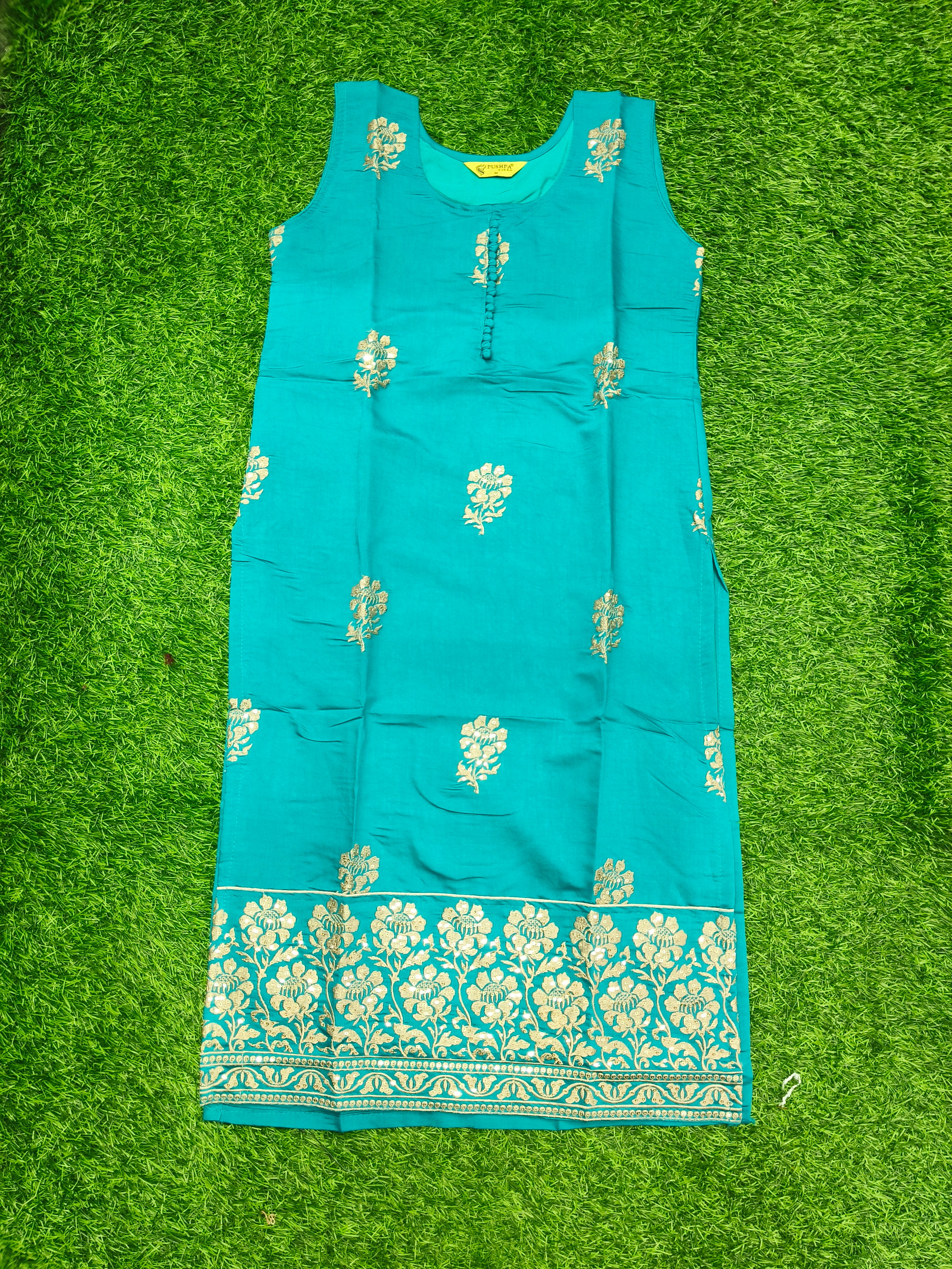 Women's Premium Dark Blue-Green Embroidered Kurti Top with Front Button Placket