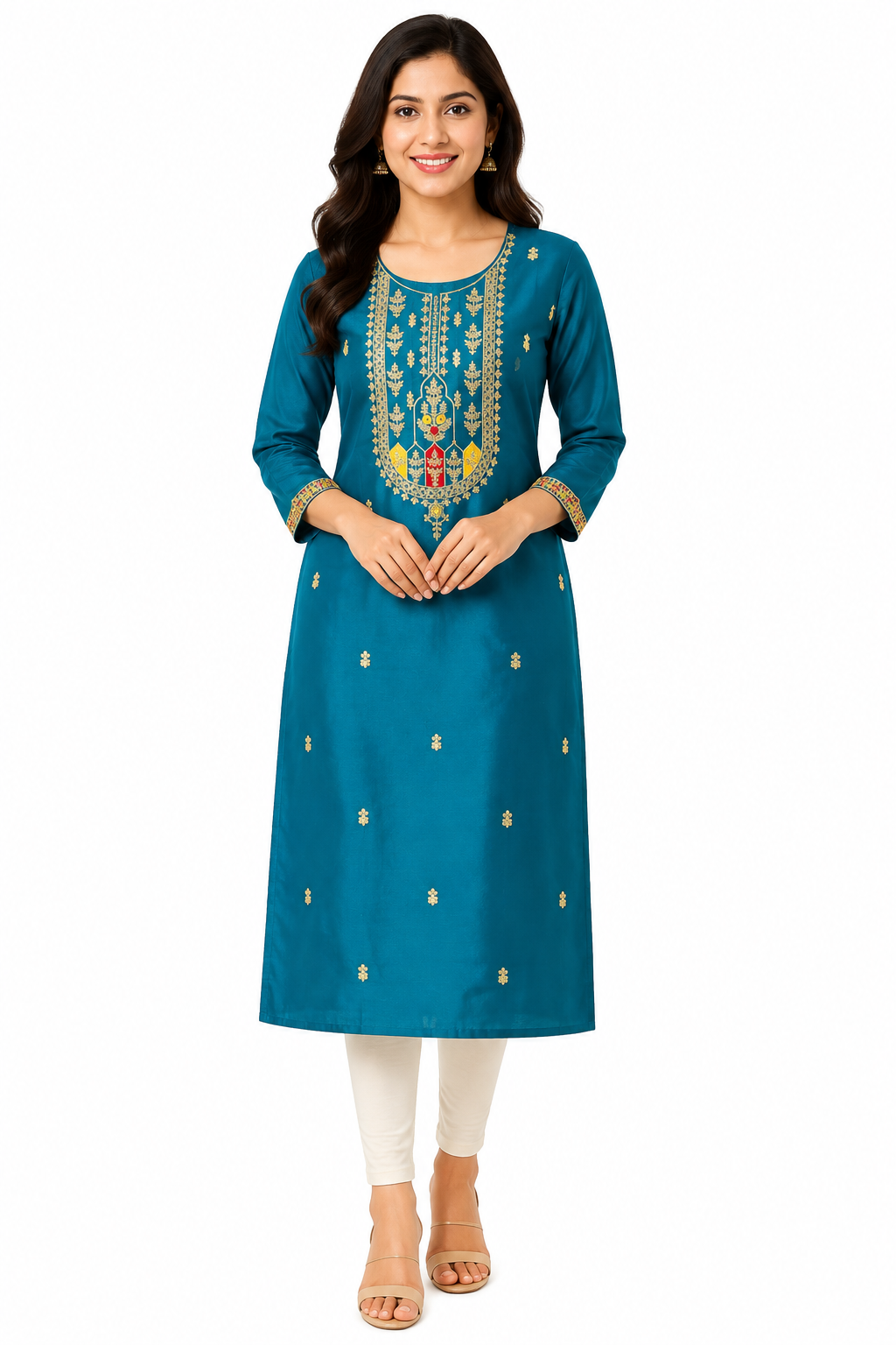 Women's Designer Dark Blue-Green Party Wear Kurti with Silver Zari Work
