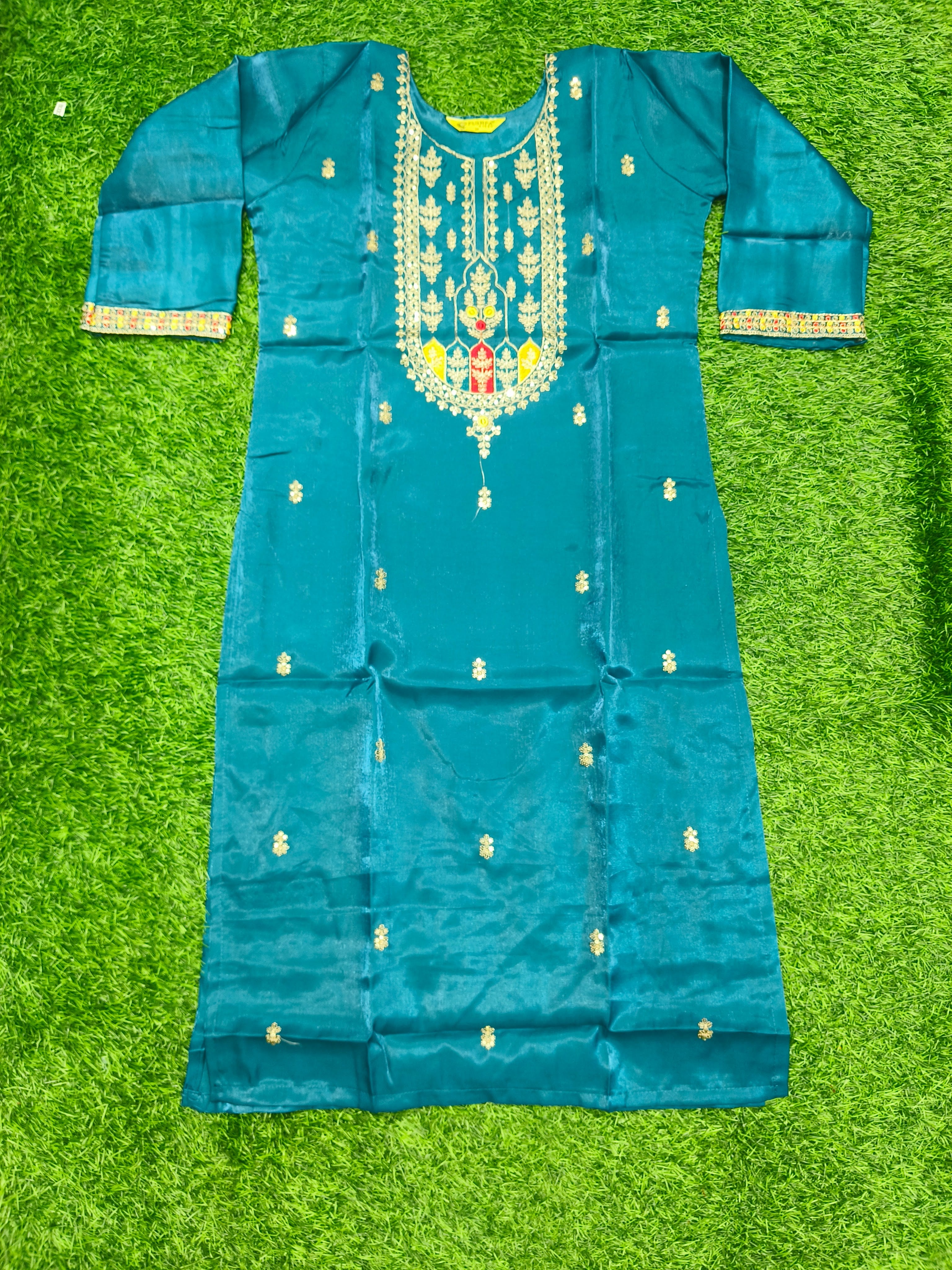 Women's Designer Dark Blue-Green Party Wear Kurti with Silver Zari Work