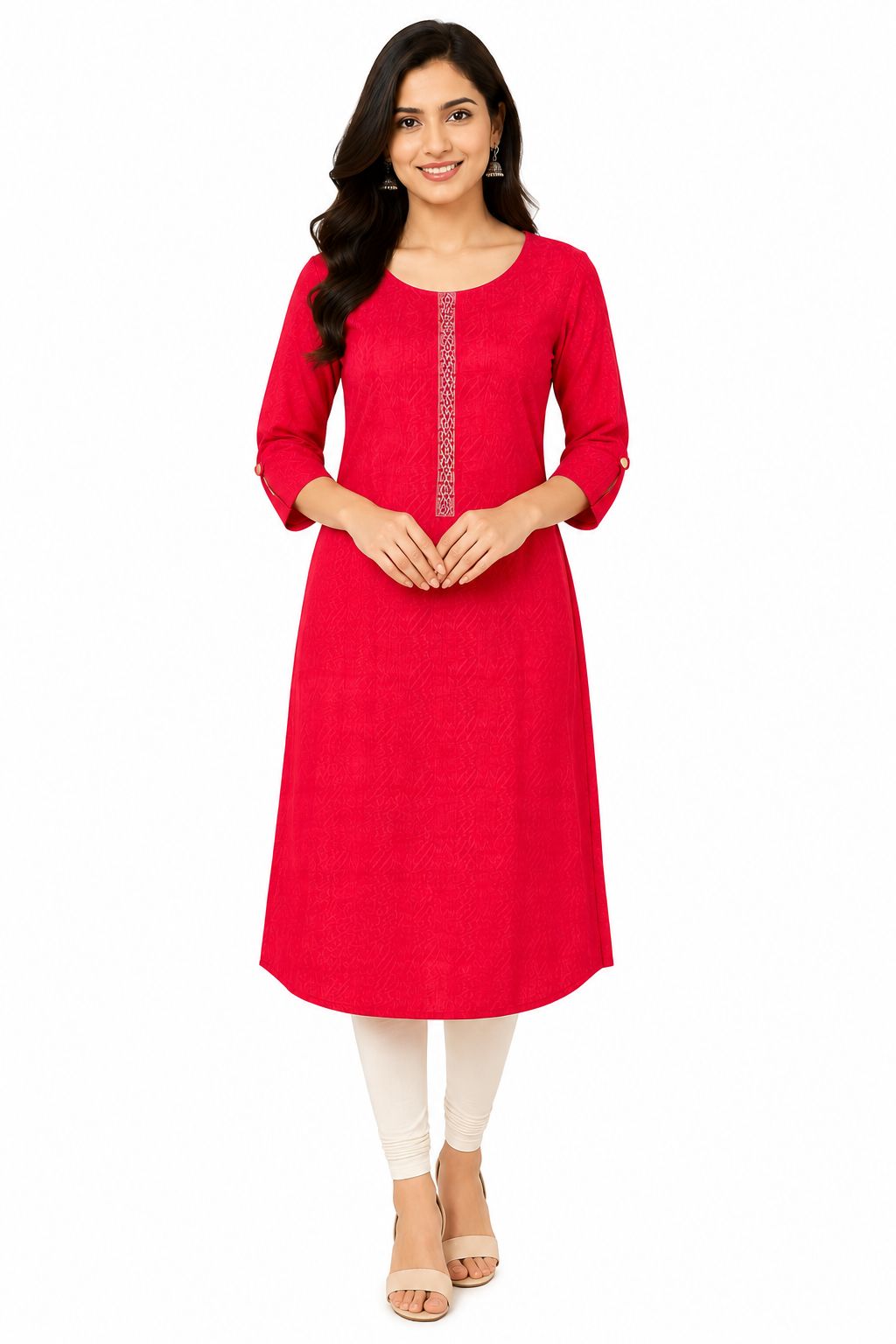 Women's  party wear Pink  kurthi with embroidered lace work and a textured fabric.