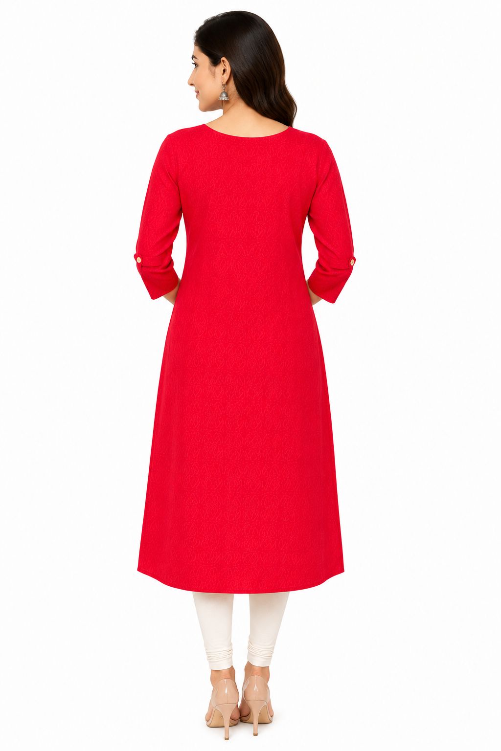 Women's  party wear Pink  kurthi with embroidered lace work and a textured fabric.