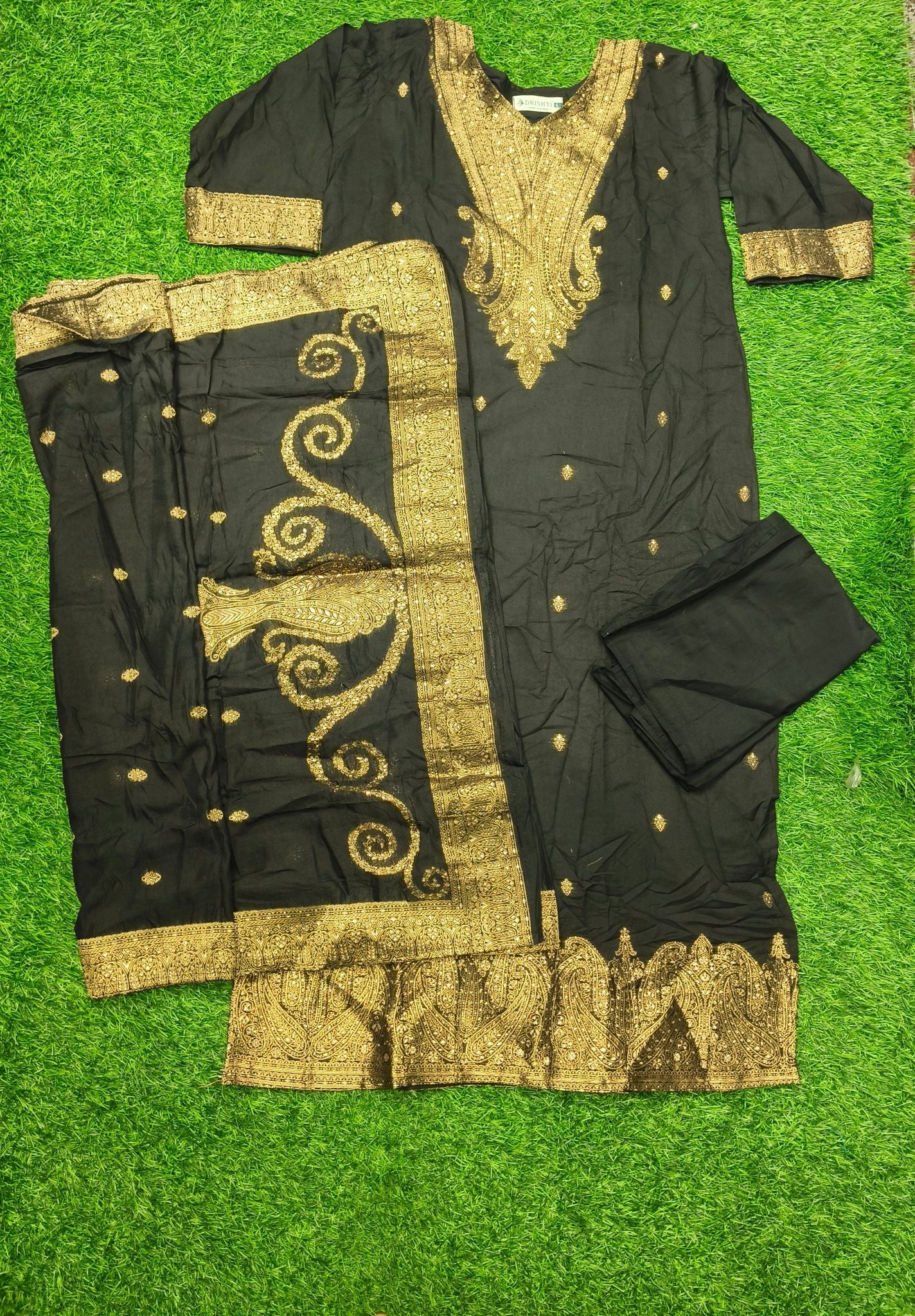 Women's Black Embroidered Party Wear 3-Piece Kurti Set