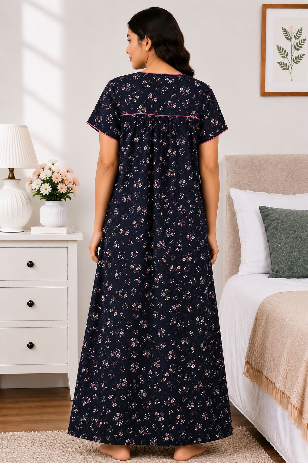Women's charcoal black/navy blue Floral Print Maxi Nighty Rayon Fabric