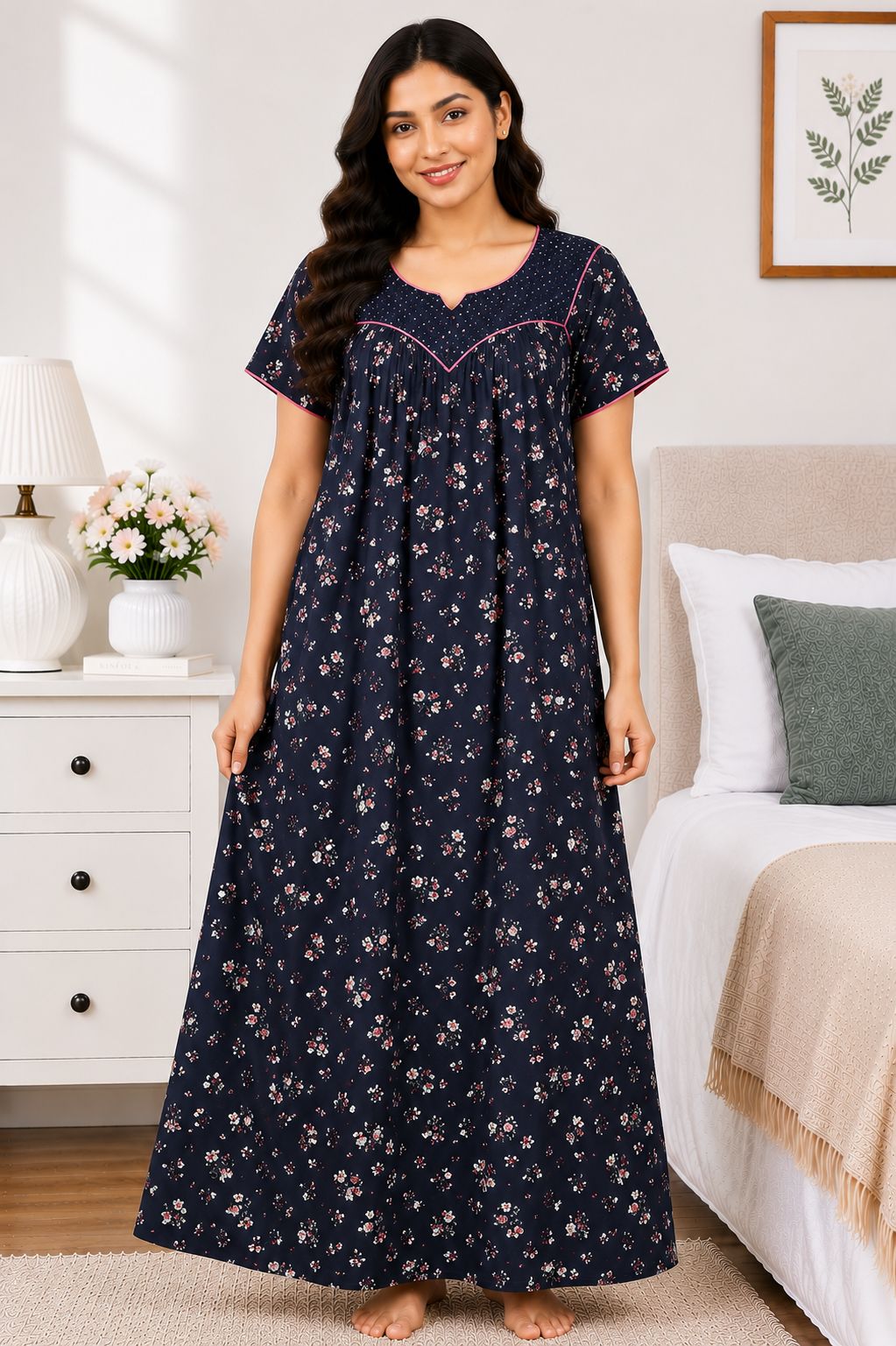 Women's charcoal black/navy blue Floral Print Maxi Nighty Rayon Fabric