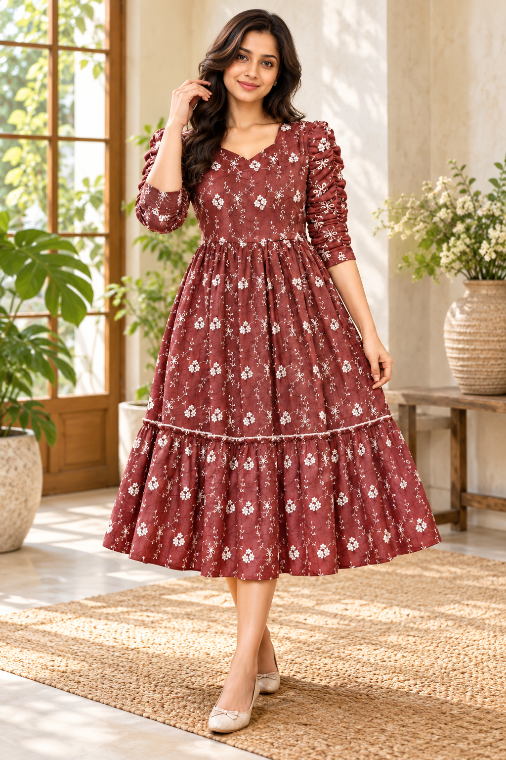 Ladies Maroon Floral Embroidered Long Frock