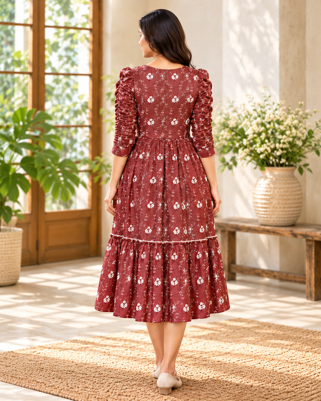 Ladies Maroon Floral Embroidered Long Frock