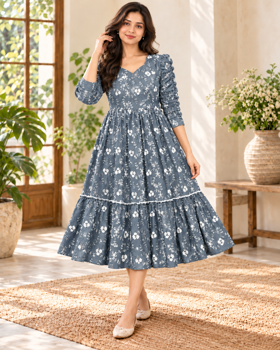 Ladies Slate Blue Floral Embroidered V-Neck Long Frock