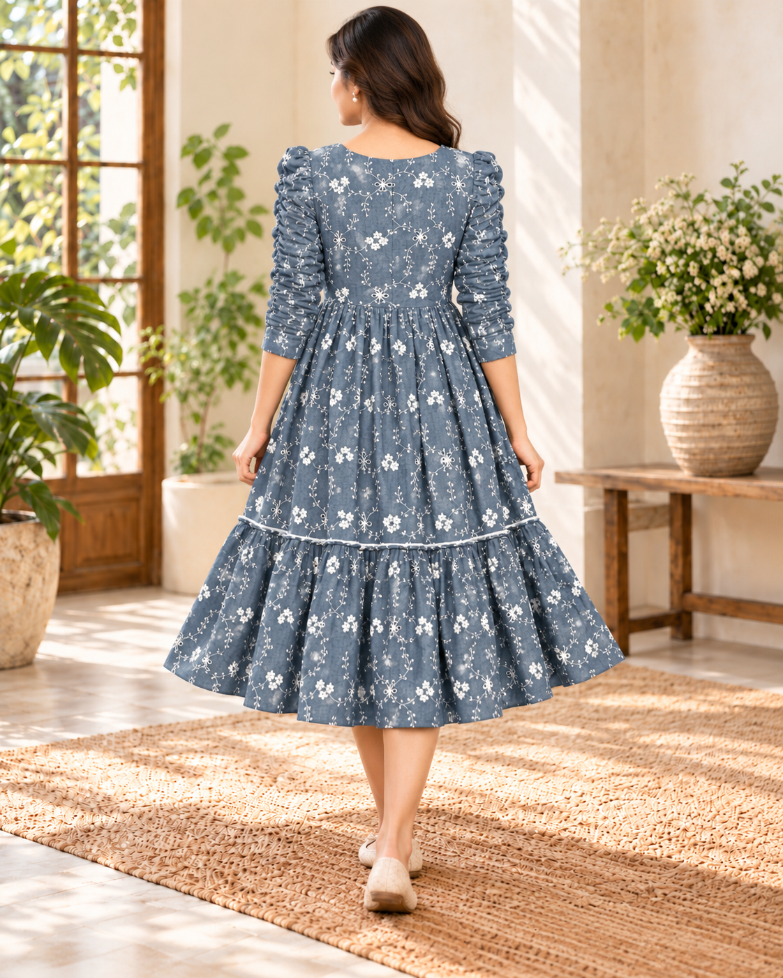 Ladies Slate Blue Floral Embroidered V-Neck Long Frock