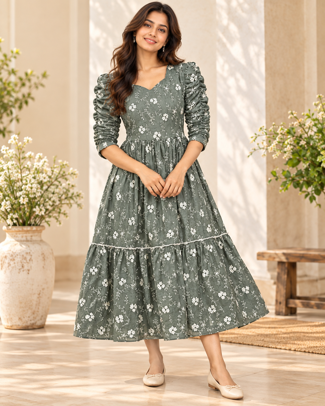 Ladies Olive Green Floral Embroidered V-Neck Long Frock