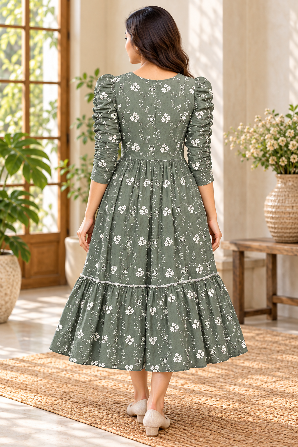 Ladies Olive Green Floral Embroidered V-Neck Long Frock