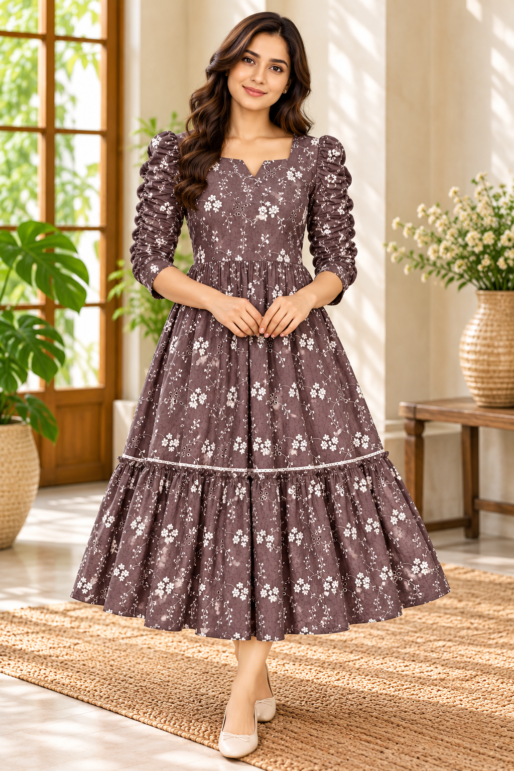 Ladies Dark Brown Floral Embroidered V-Neck Long Frock