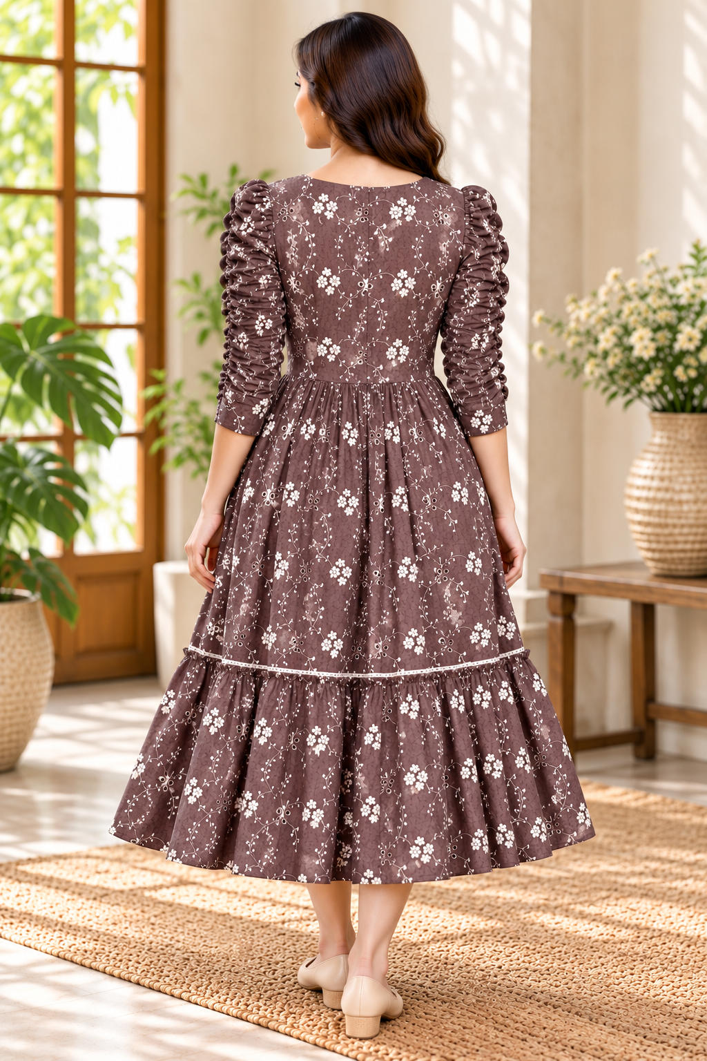 Ladies Dark Brown Floral Embroidered V-Neck Long Frock