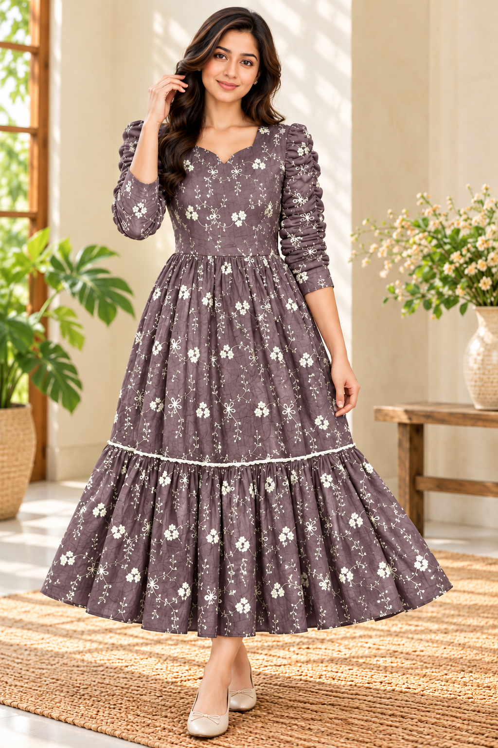 Ladies Dusty Purple Floral Embroidered V-Neck Long Frock
