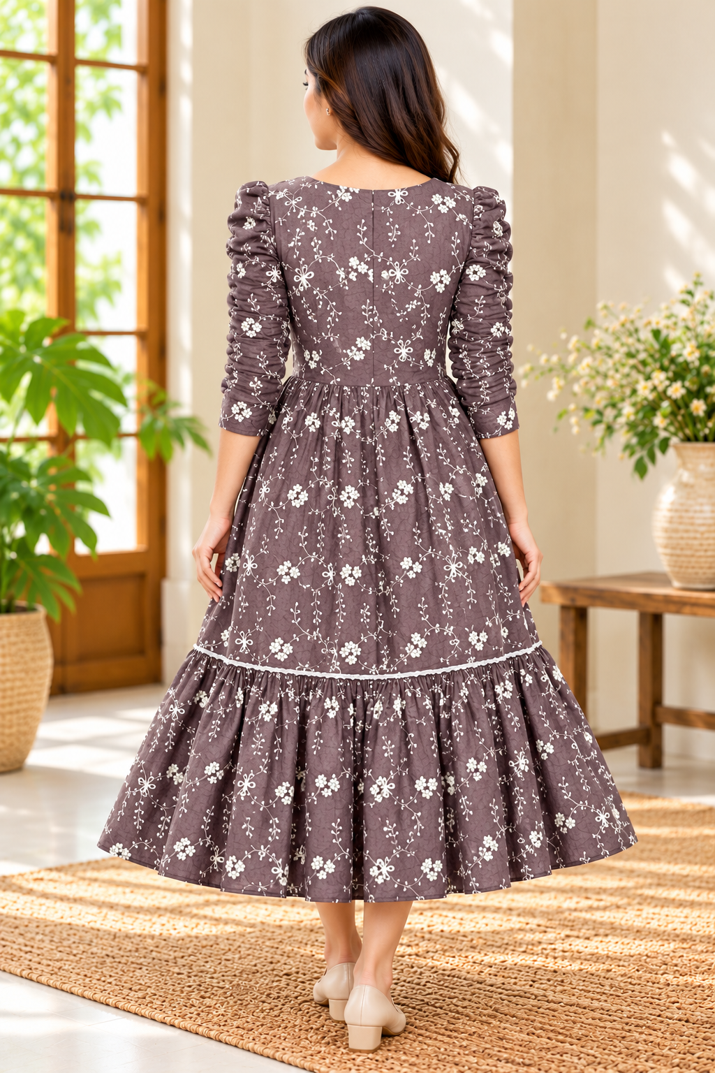 Ladies Dusty Purple Floral Embroidered V-Neck Long Frock