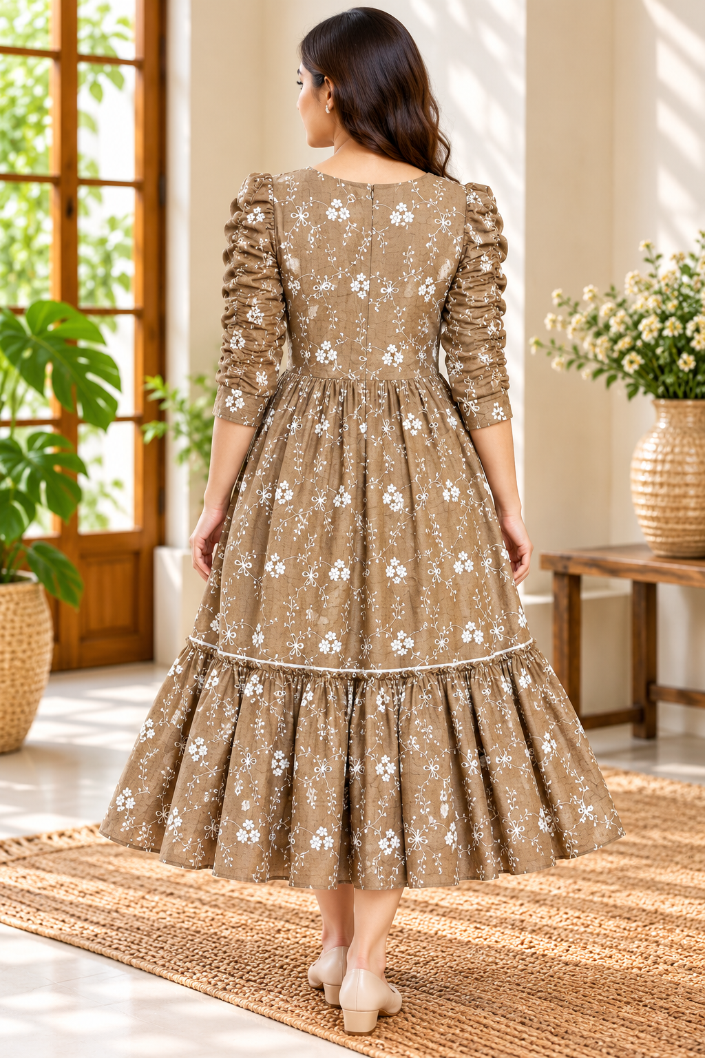 Ladies Camel Brown Floral Embroidered V-Neck Long Frock