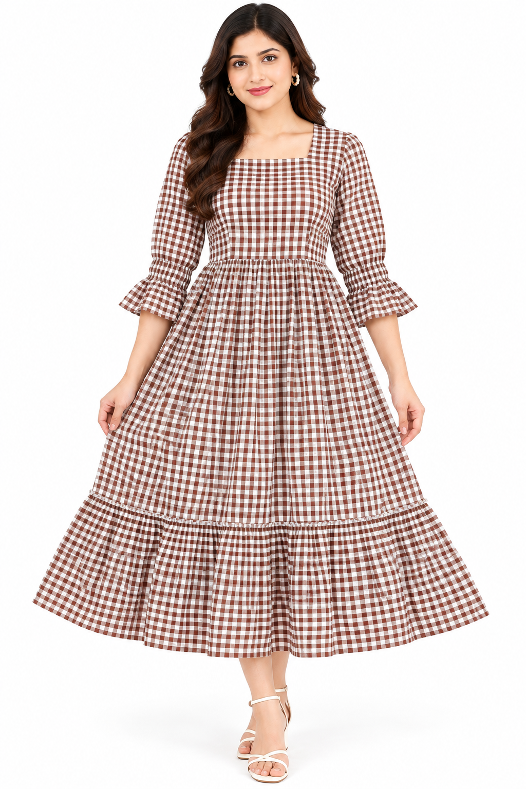 Ladies Brown and White Checkered Square-Neck Long Frock
