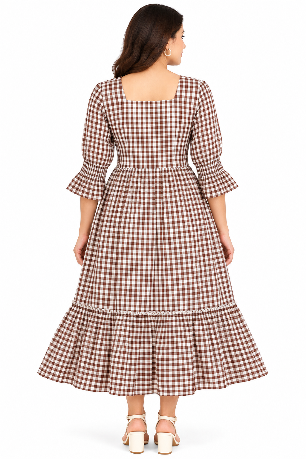 Ladies Brown and White Checkered Square-Neck Long Frock