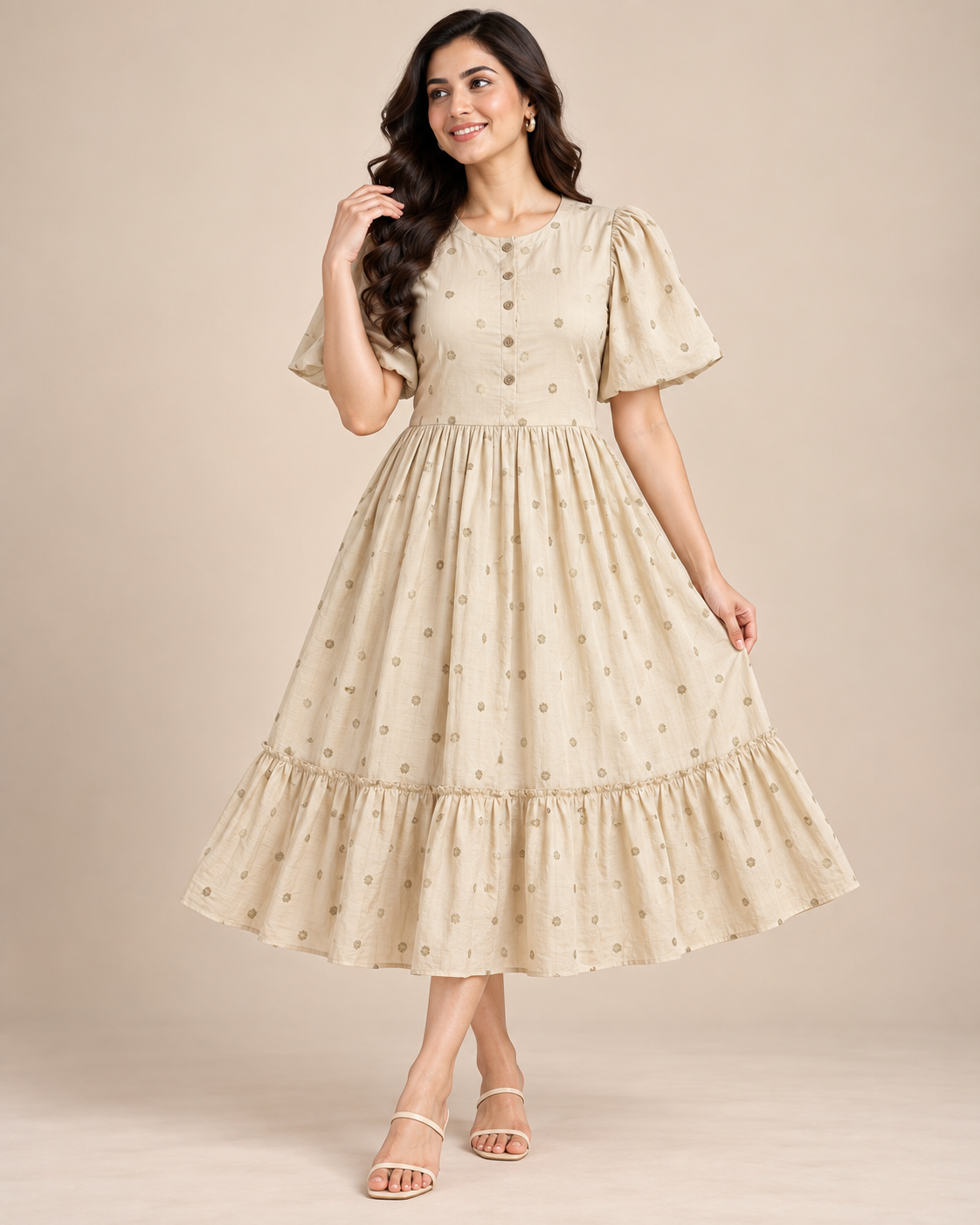 Ladies Light Beige Printed Mandarin-Neck Long Frock