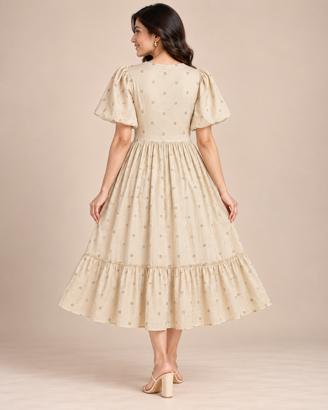 Ladies Light Beige Printed Mandarin-Neck Long Frock