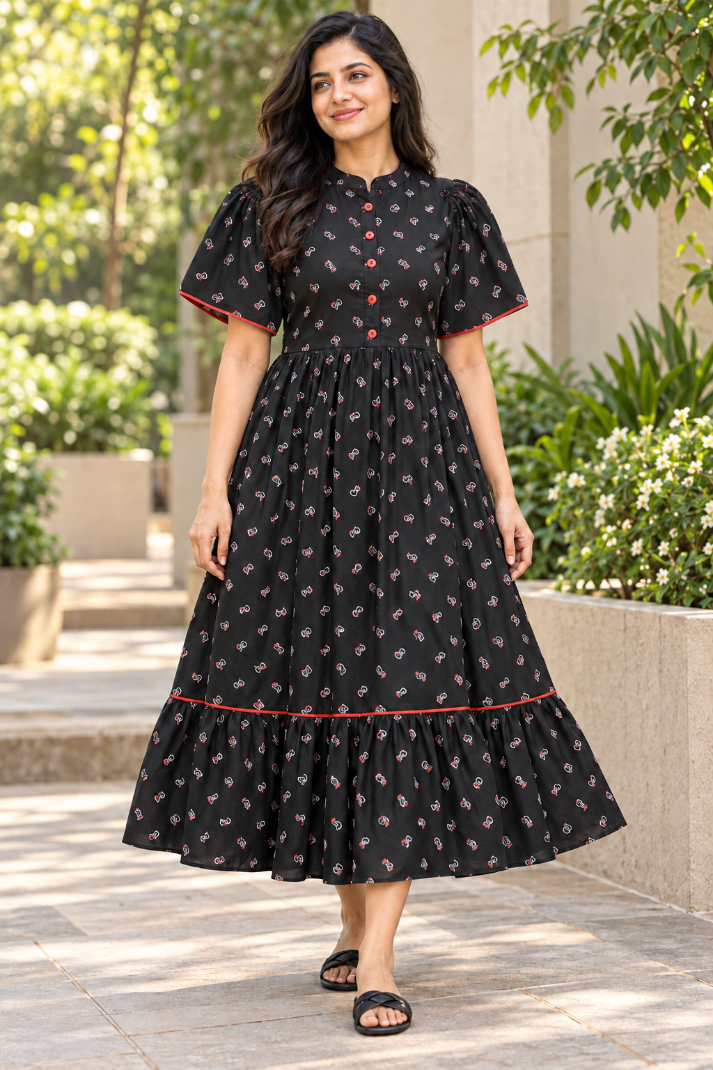 Ladies Black Printed Mandarin-Neck Long Frock