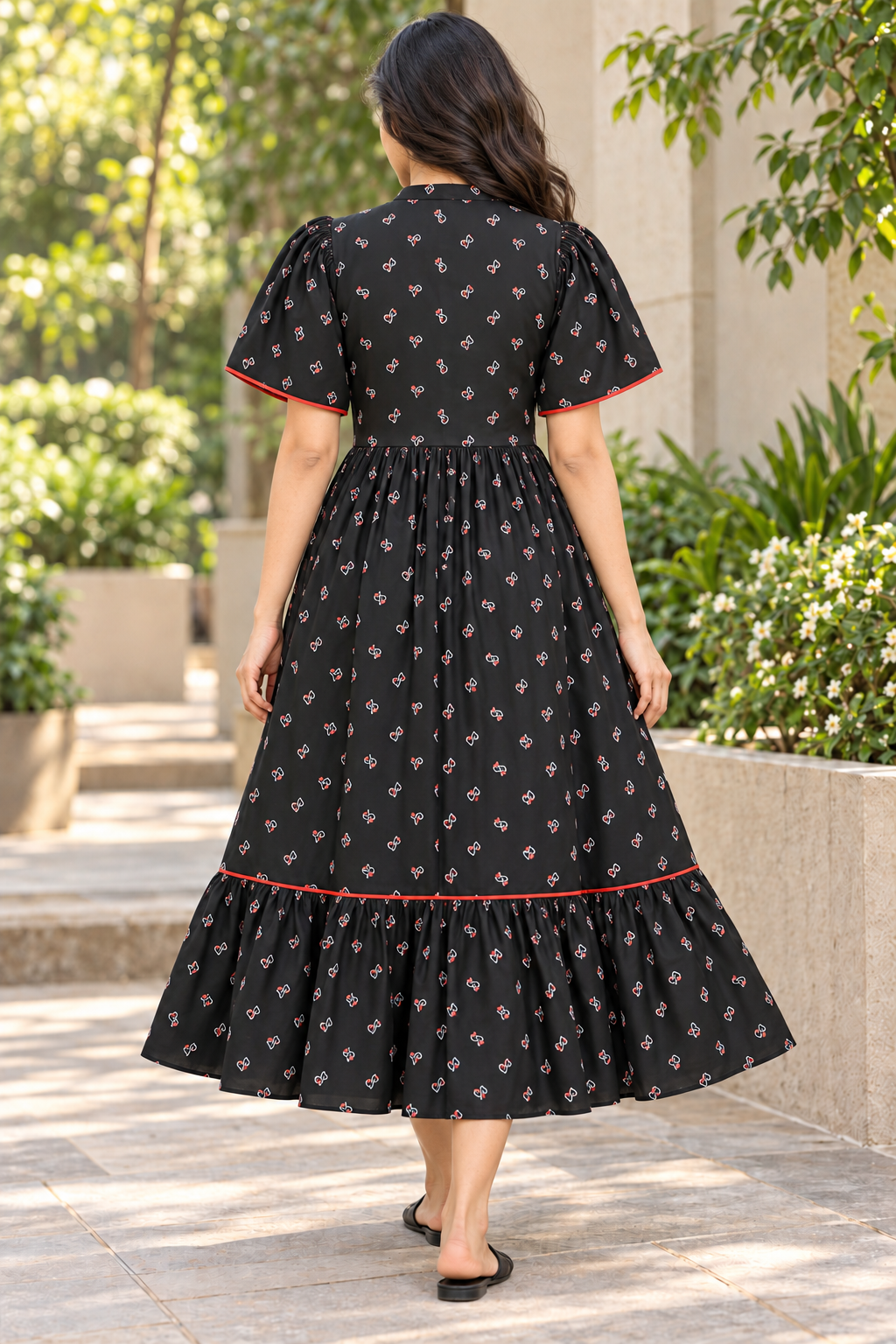 Ladies Black Printed Mandarin-Neck Long Frock