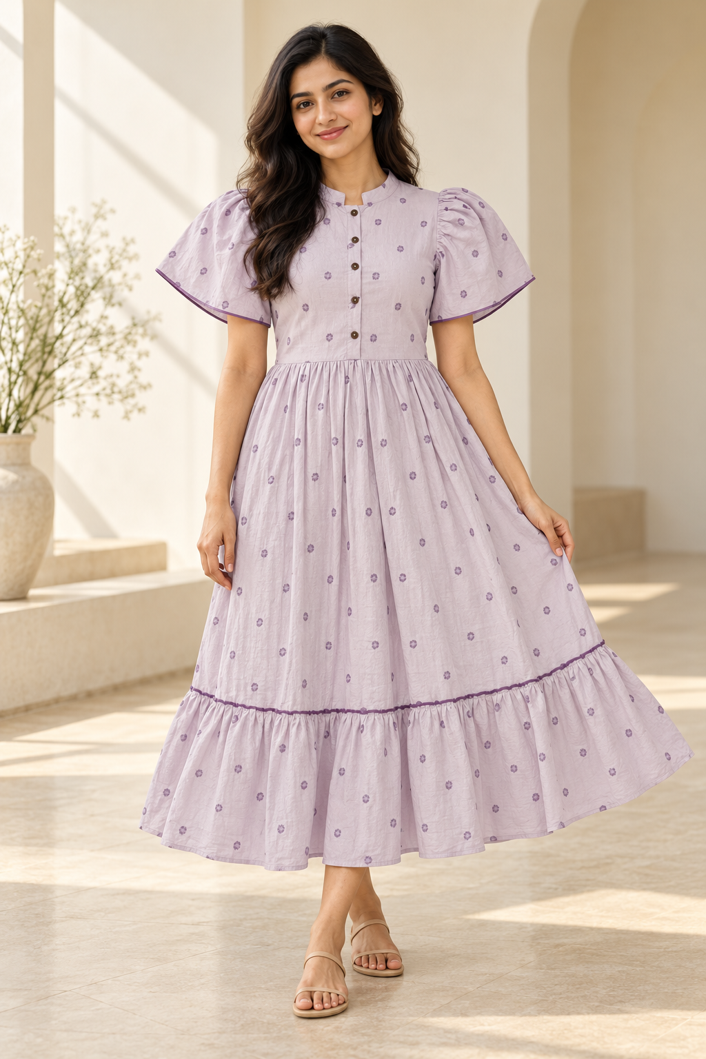 Ladies Light Lavender Printed Mandarin-Neck Long Frock