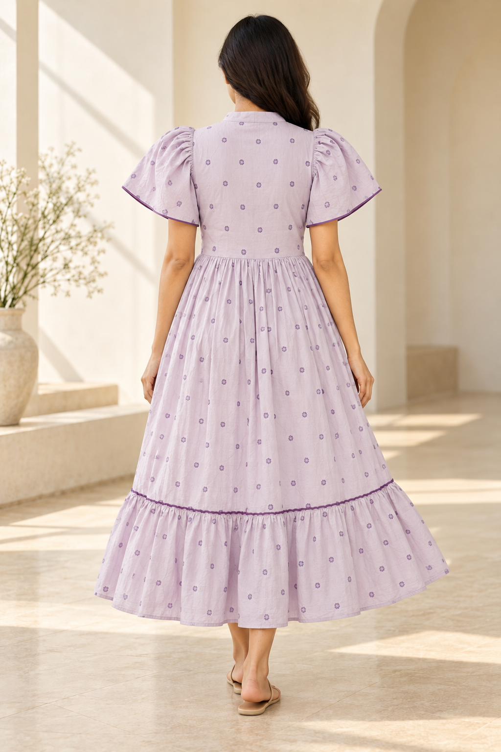 Ladies Light Lavender Printed Mandarin-Neck Long Frock