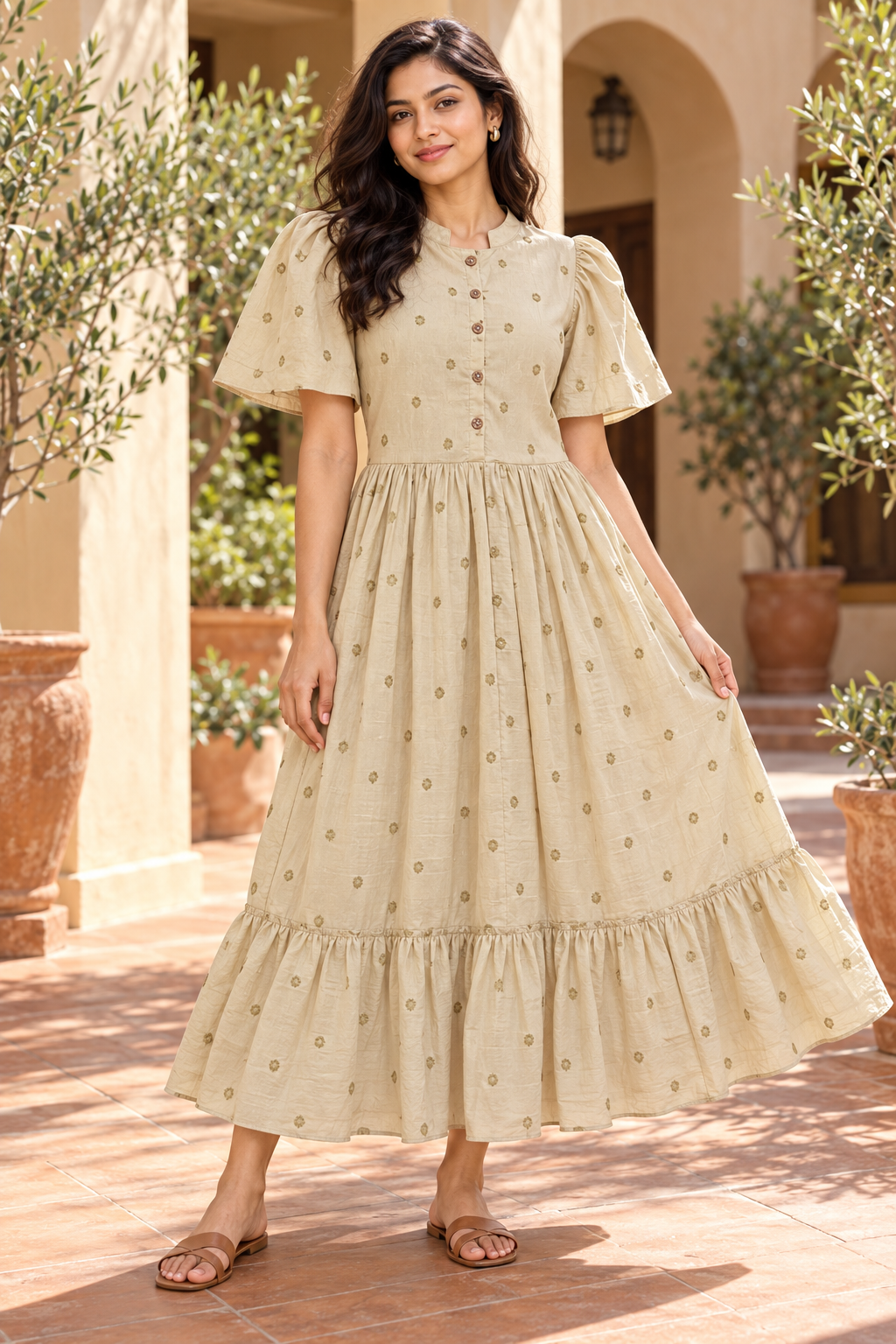 Ladies Light Orange Printed Mandarin-Neck Long Frock