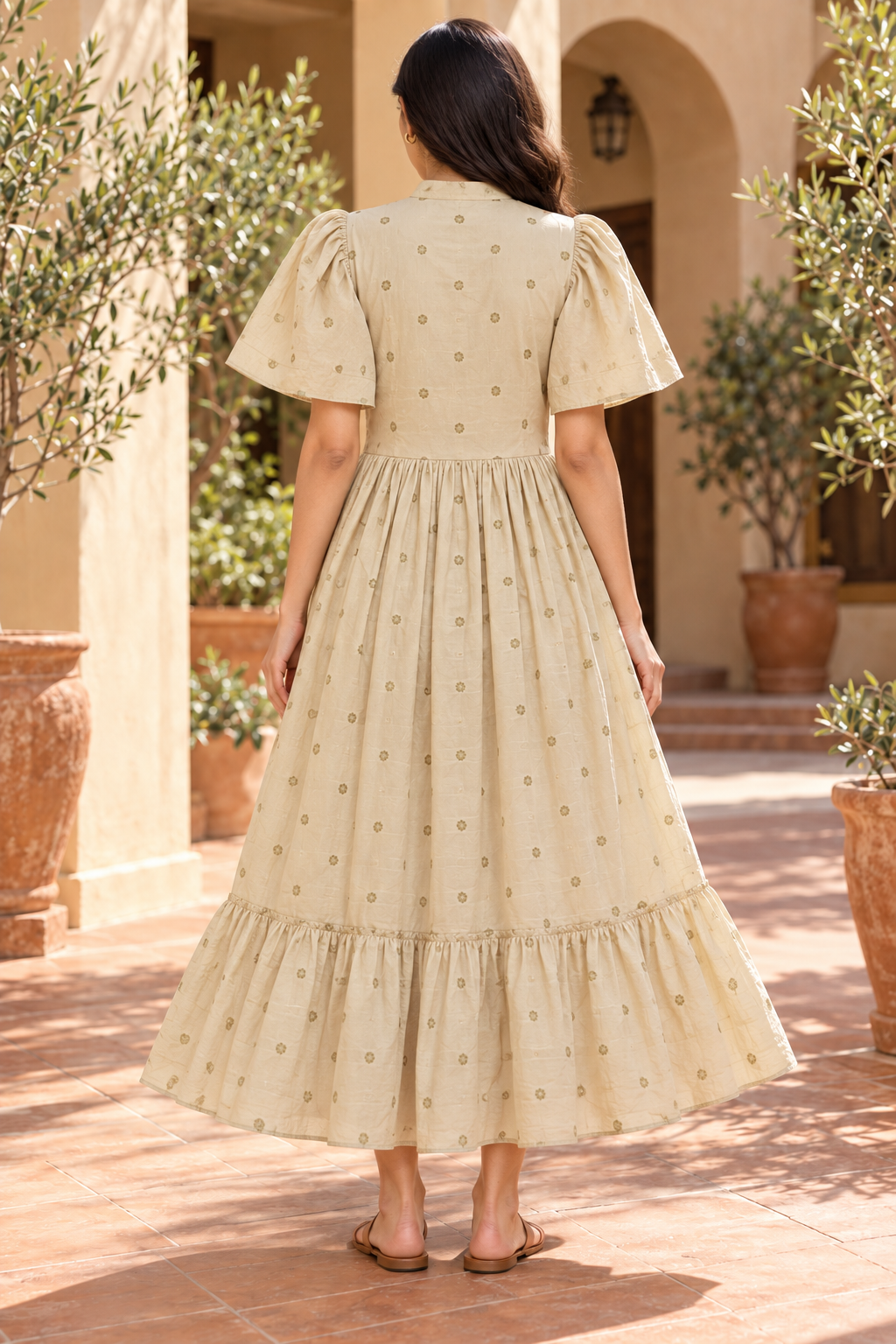Ladies Light Orange Printed Mandarin-Neck Long Frock