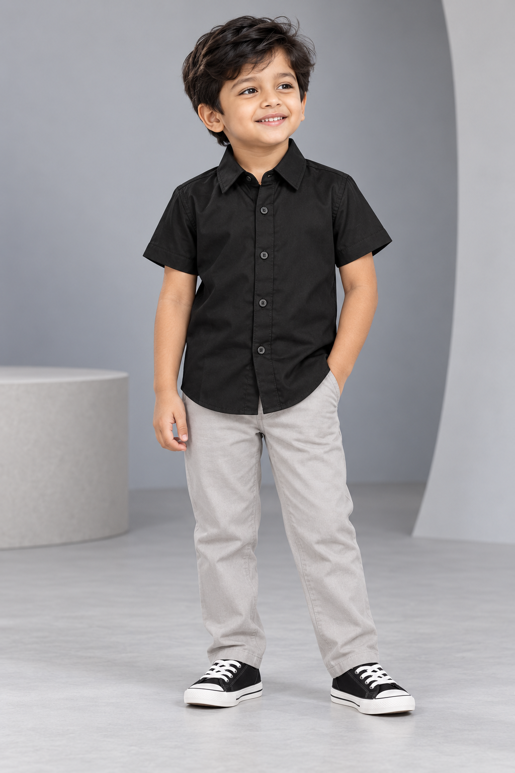 Boys Black Short-Sleeve  Linen Shirt