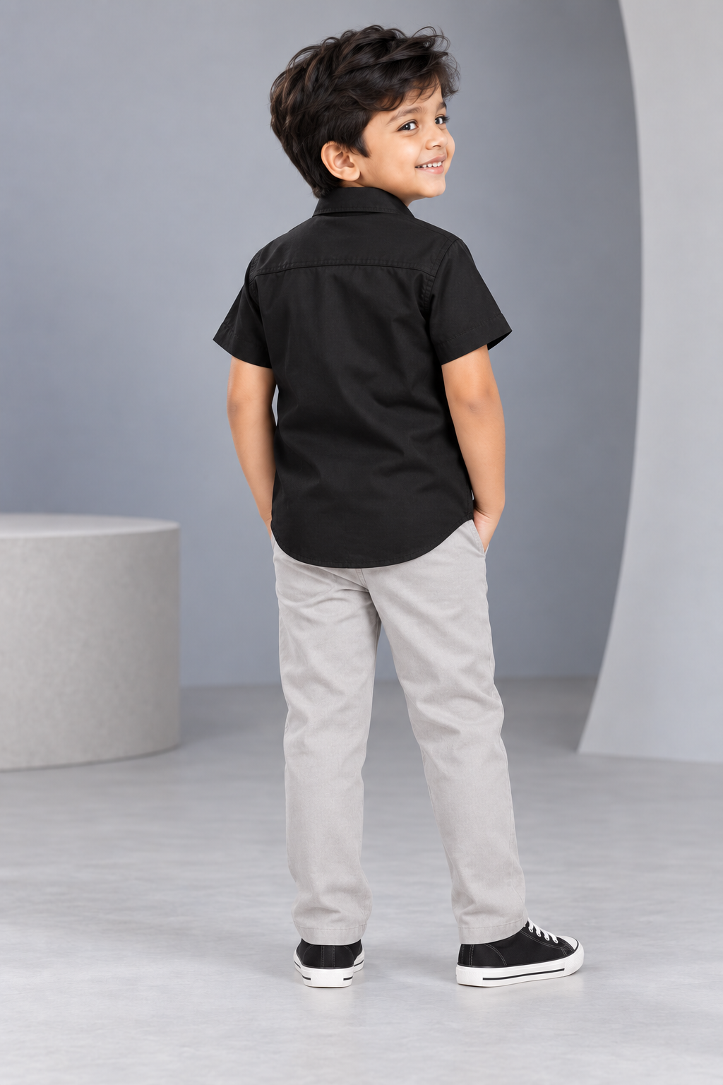 Boys Black Short-Sleeve  Linen Shirt