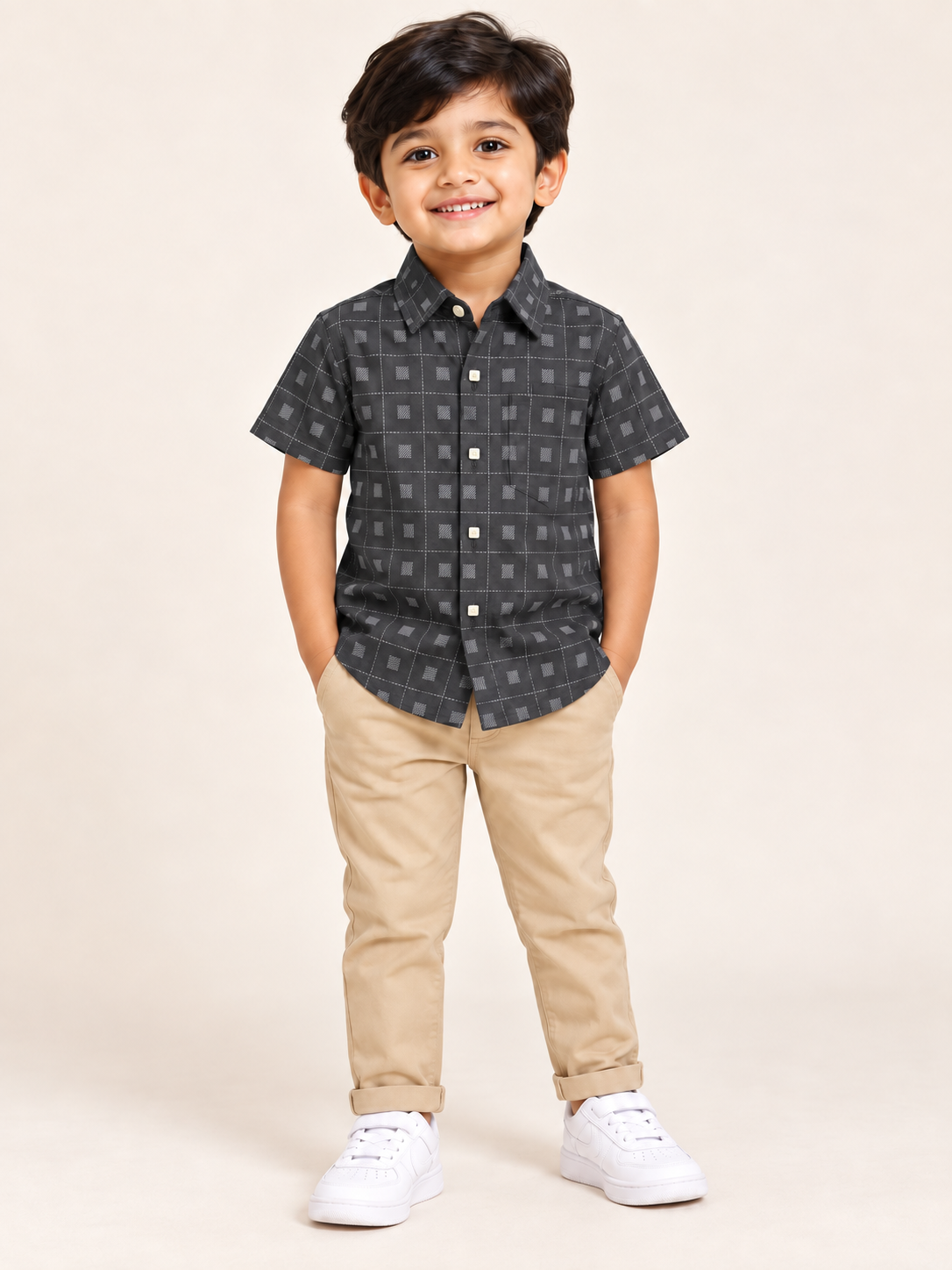 Boys Charcoal Grey Geometric Check Cotton Shirt