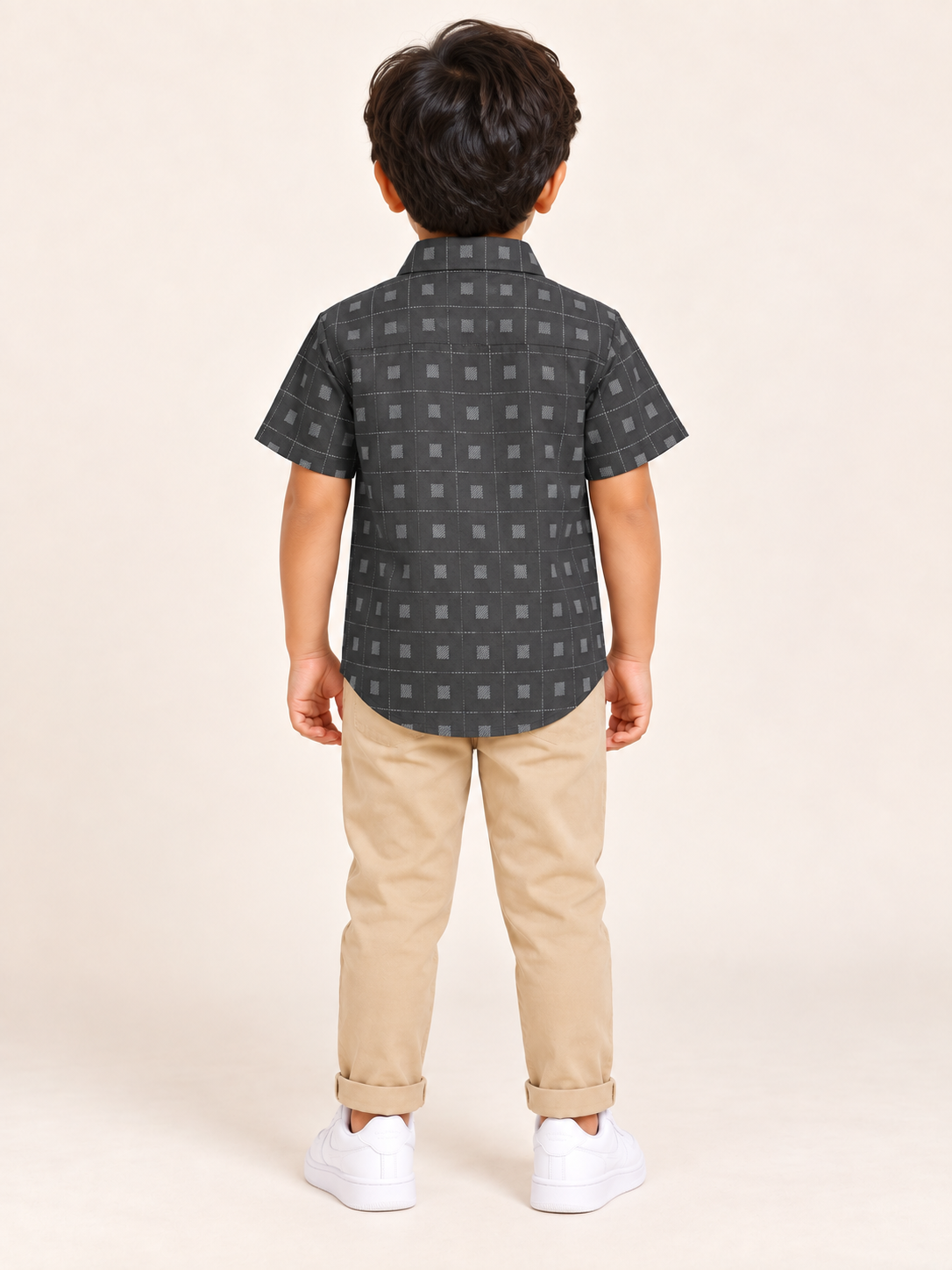 Boys Charcoal Grey Geometric Check Cotton Shirt
