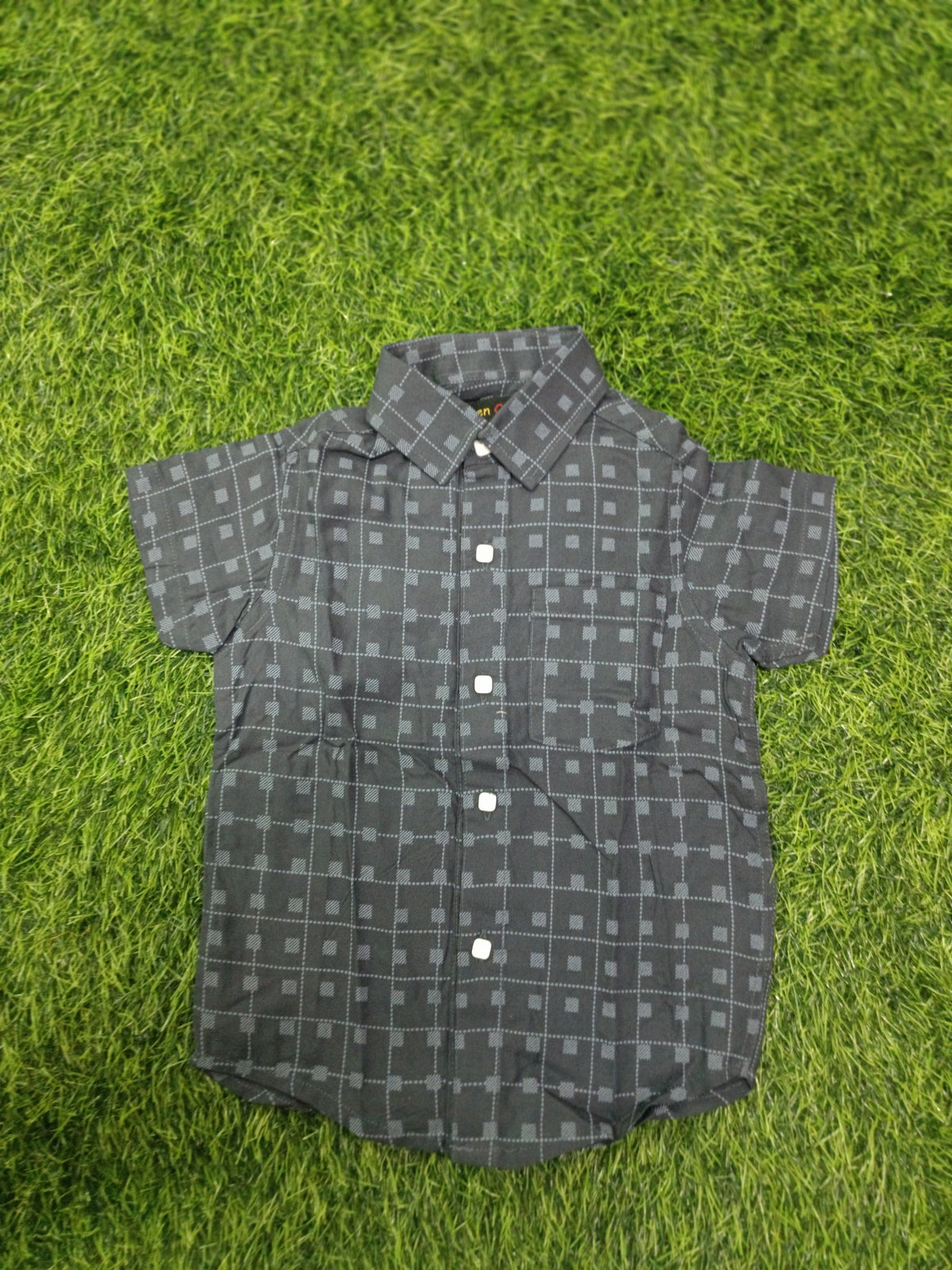Boys Charcoal Grey Geometric Check Cotton Shirt