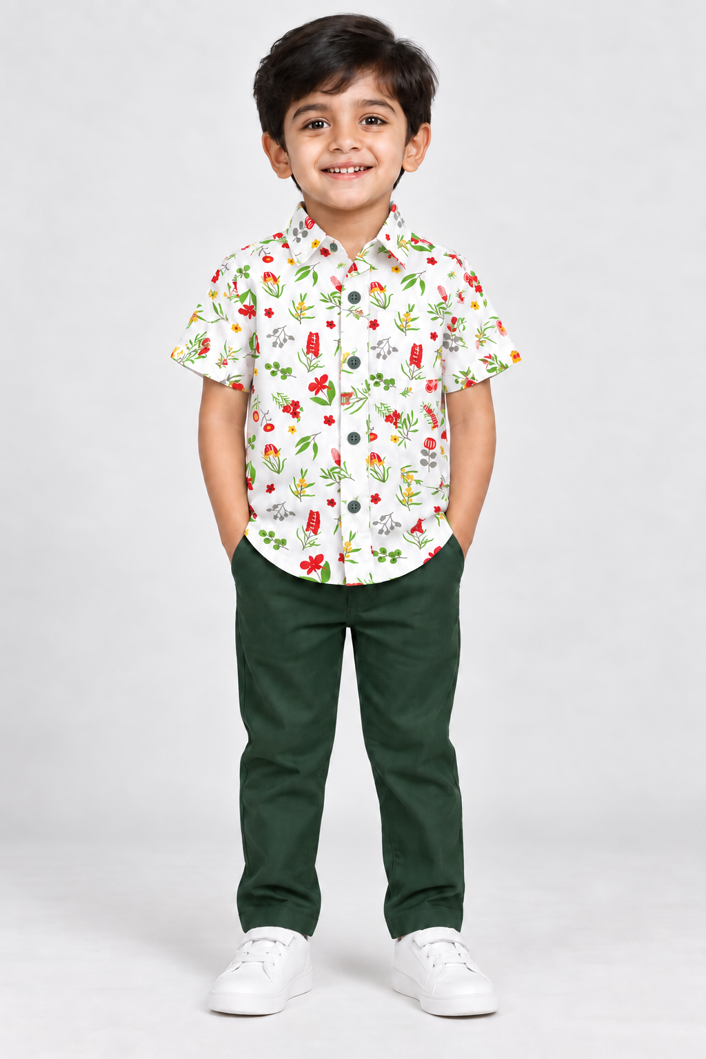 Boys White Floral Printed Short Sleeve Shirt