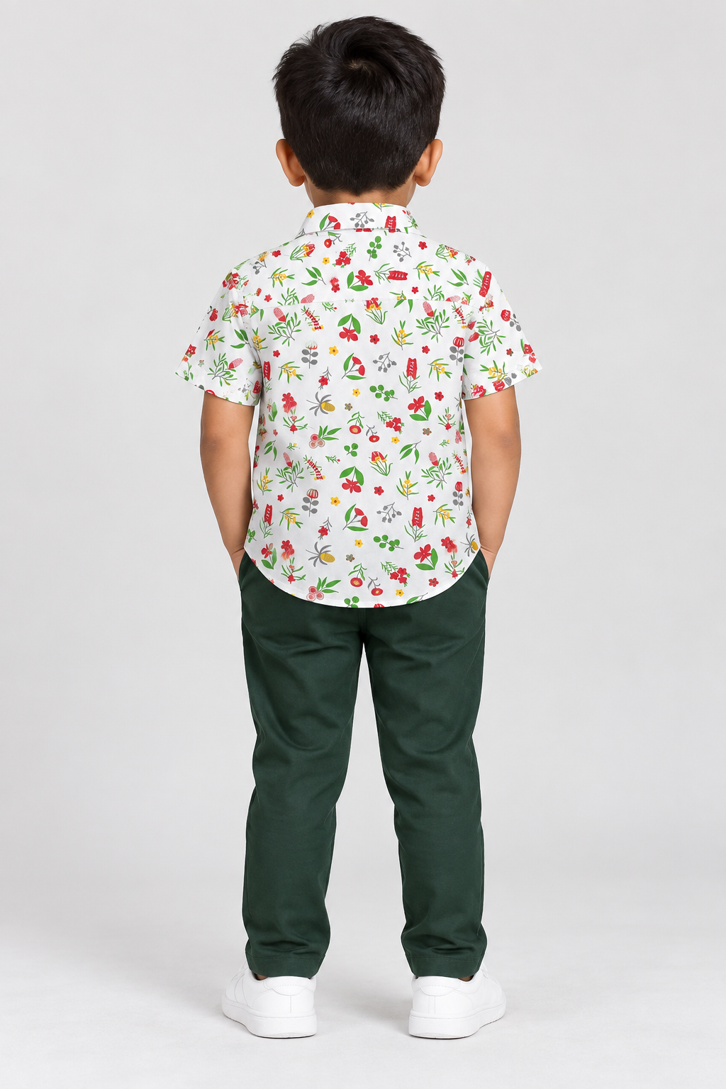 Boys White Floral Printed Short Sleeve Shirt