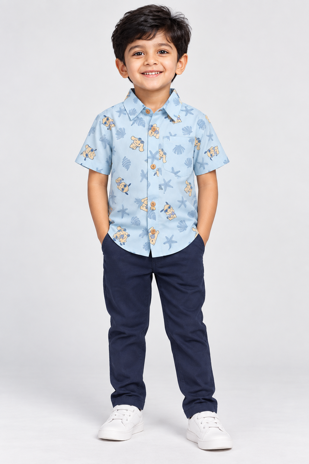 Boys Light Blue Puppy Print Cotton Shirt