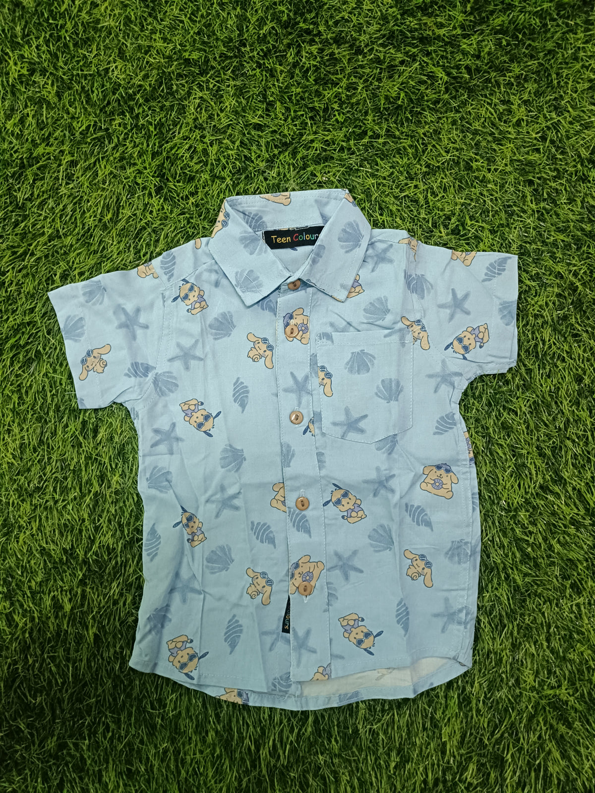 Boys Light Blue Puppy Print Cotton Shirt