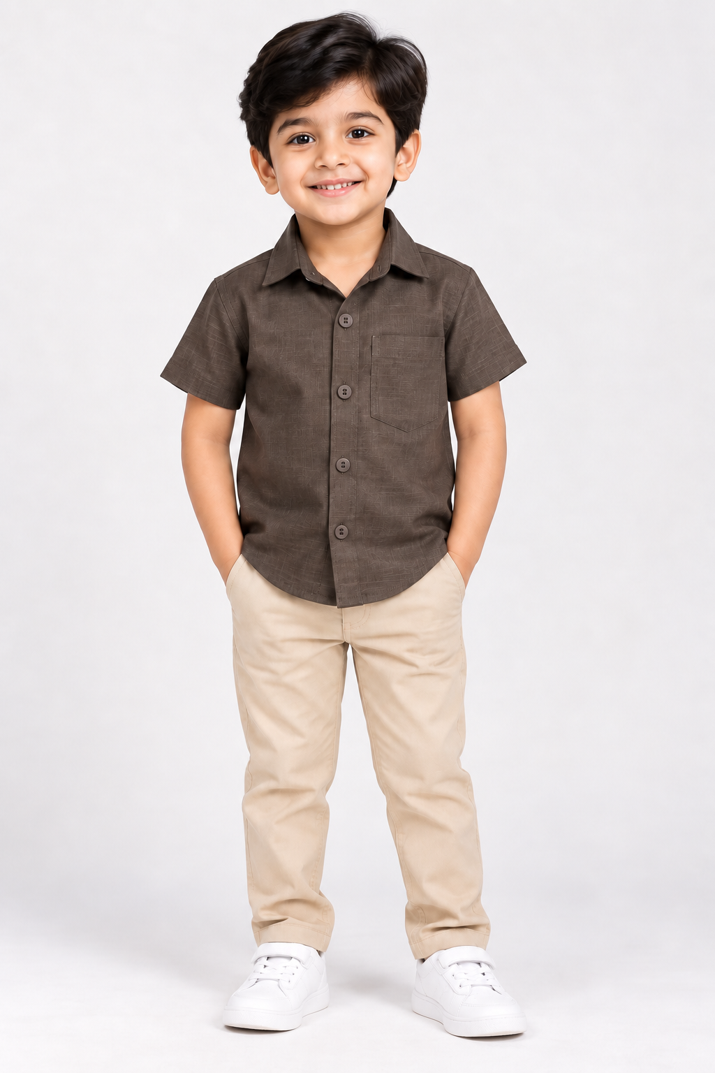 Boys Dark Brown Short-Sleeve Cotton Shirt