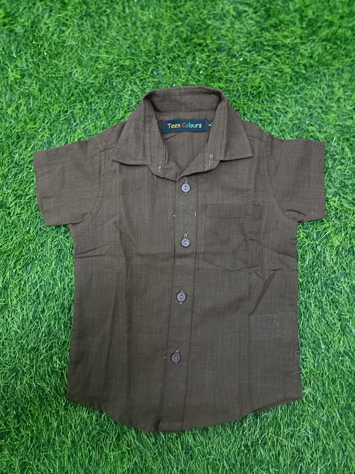 Boys Dark Brown Short-Sleeve Cotton Shirt