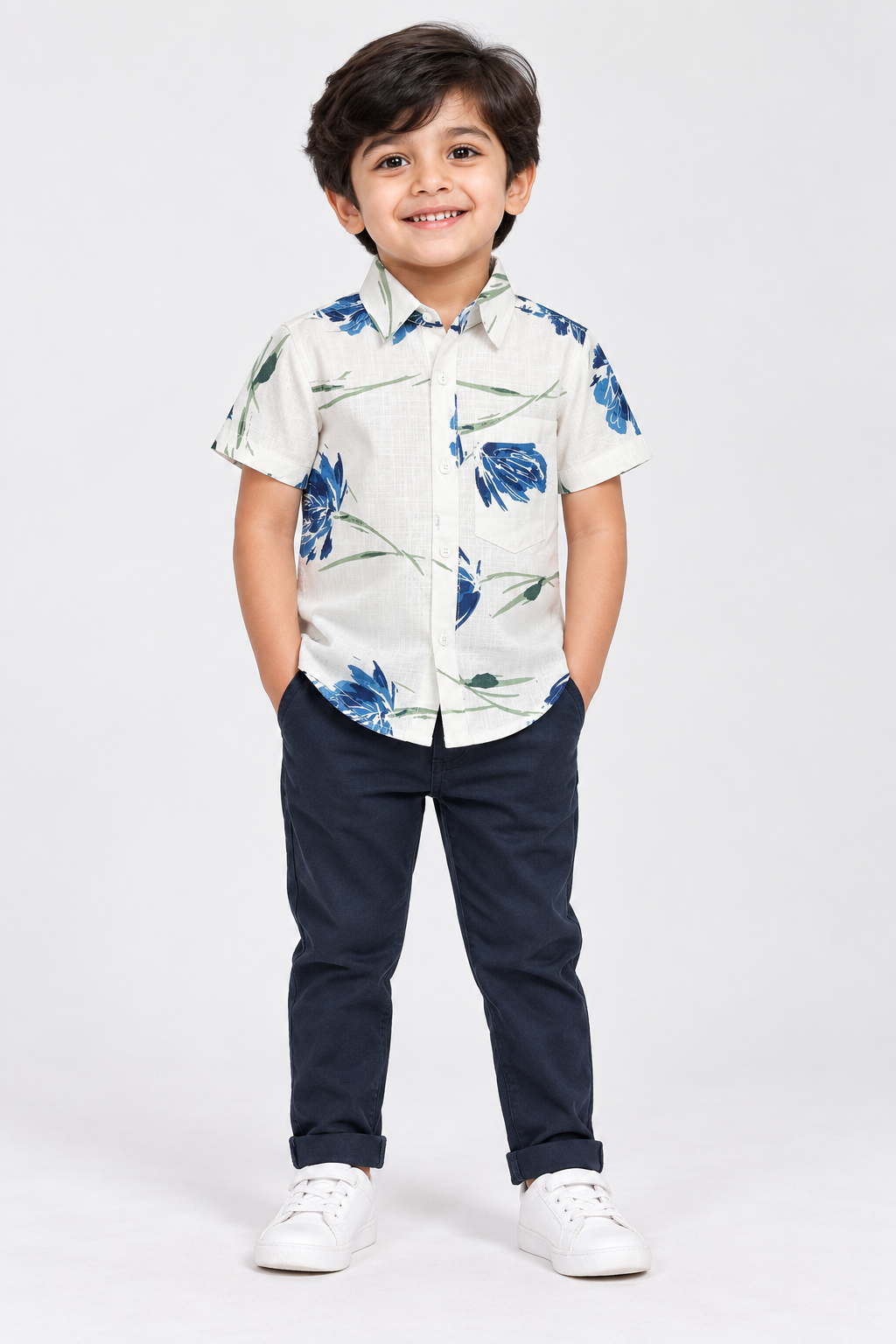 Boys White & Blue Floral Print Cotton Shirt