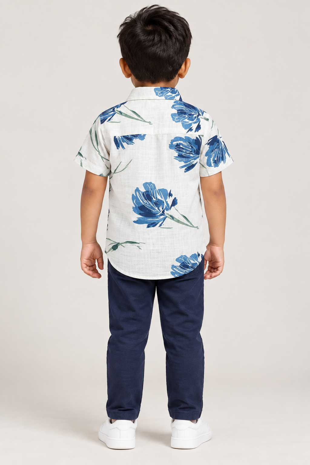 Boys White & Blue Floral Print Cotton Shirt
