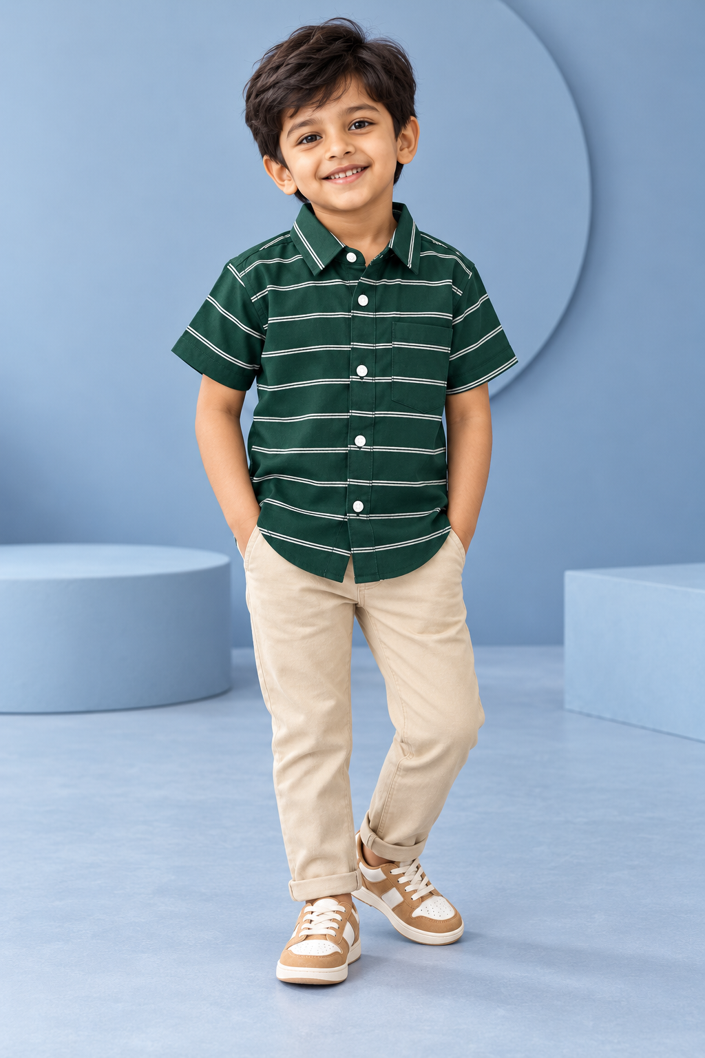Boys Dark Green White Stripe Cotton Shirt